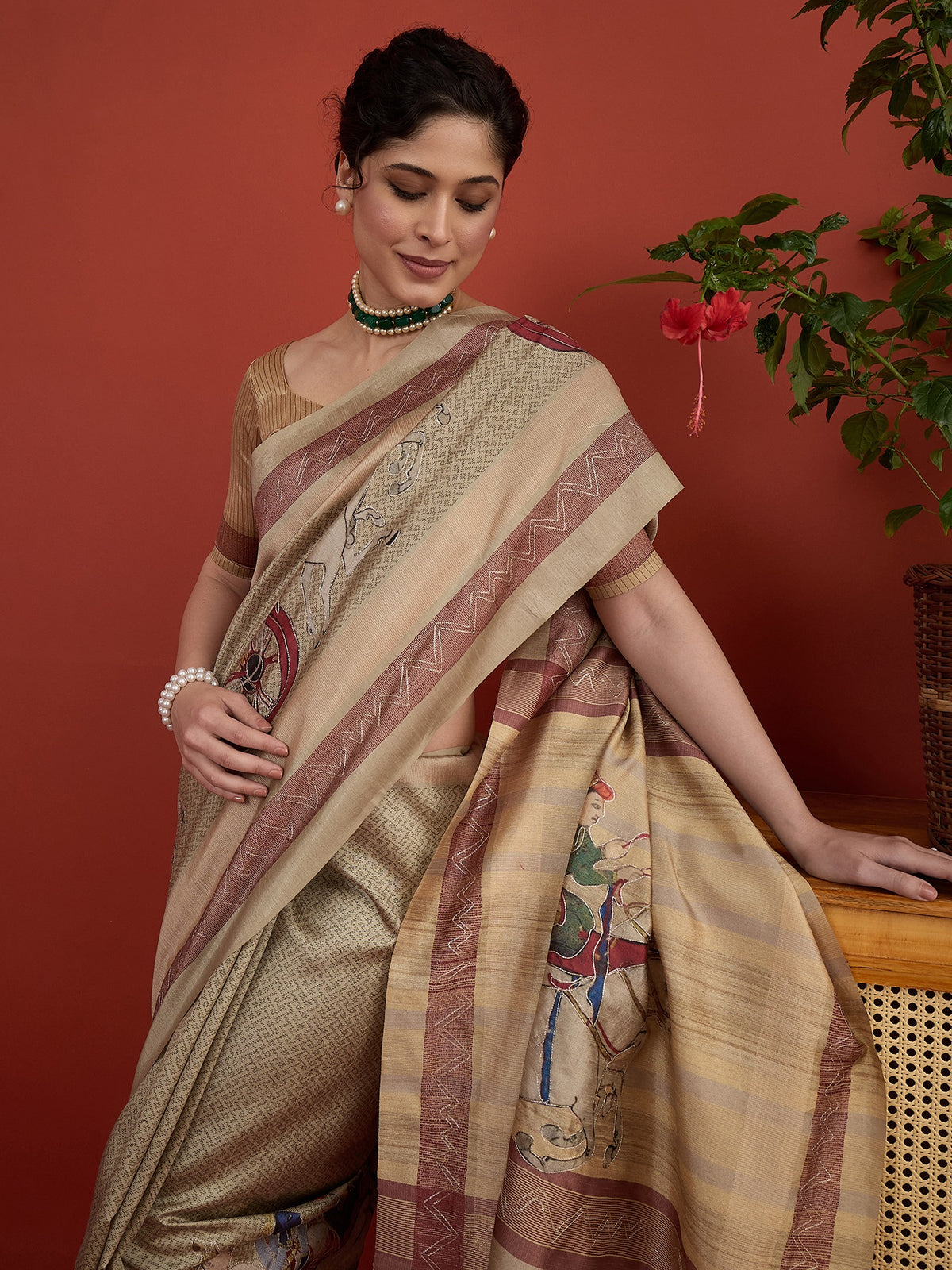 Beige art silk saree view 6