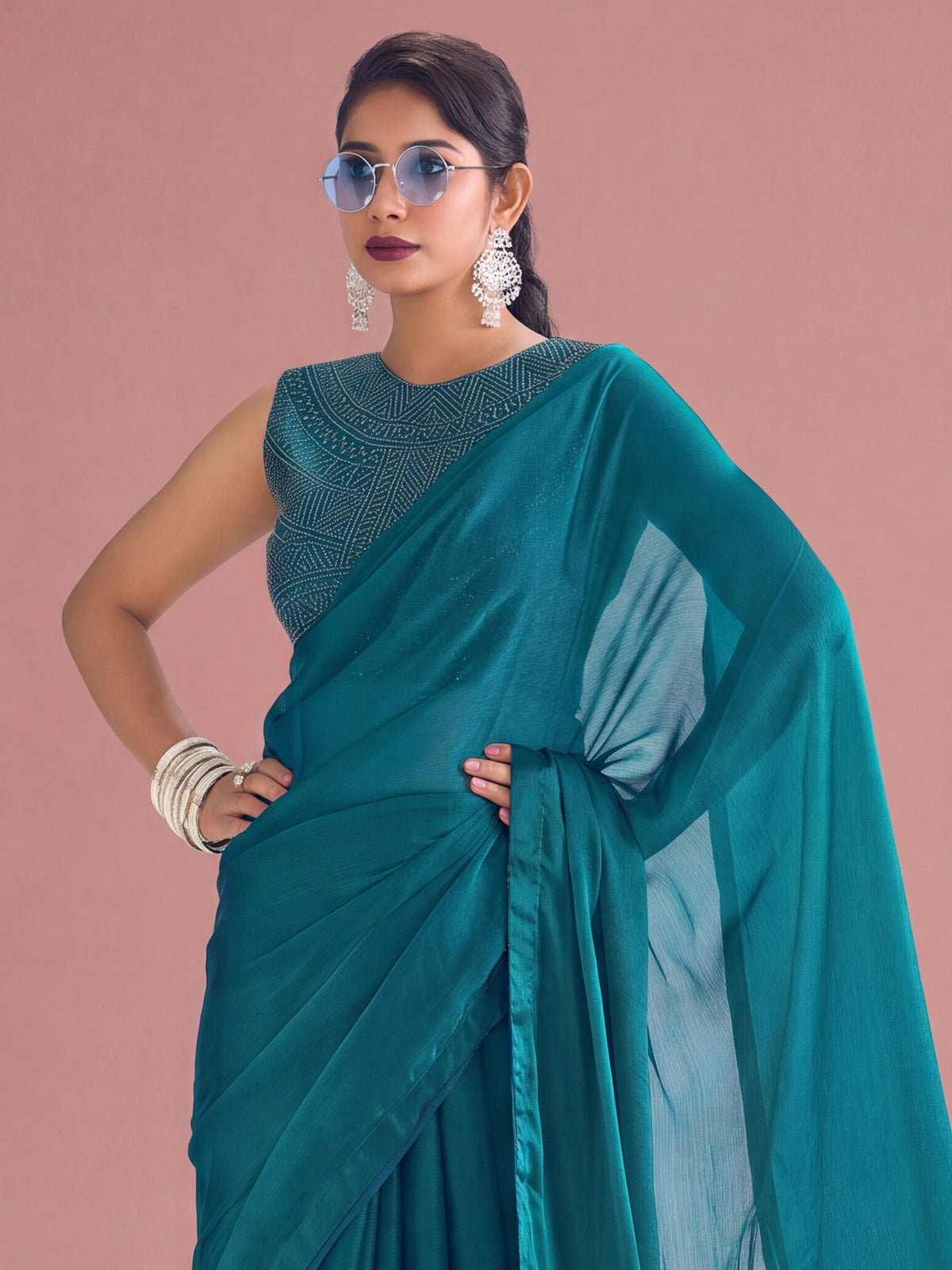 Teal Blue Satin Silk saree – detail view 4