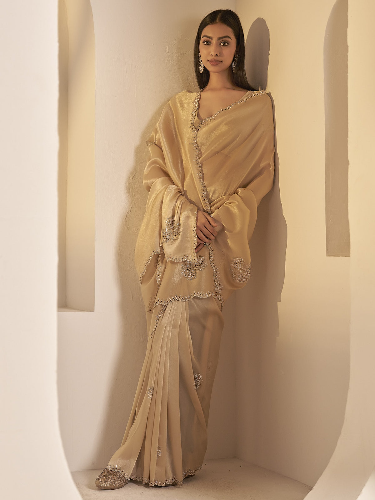 Champagne organza saree view 2