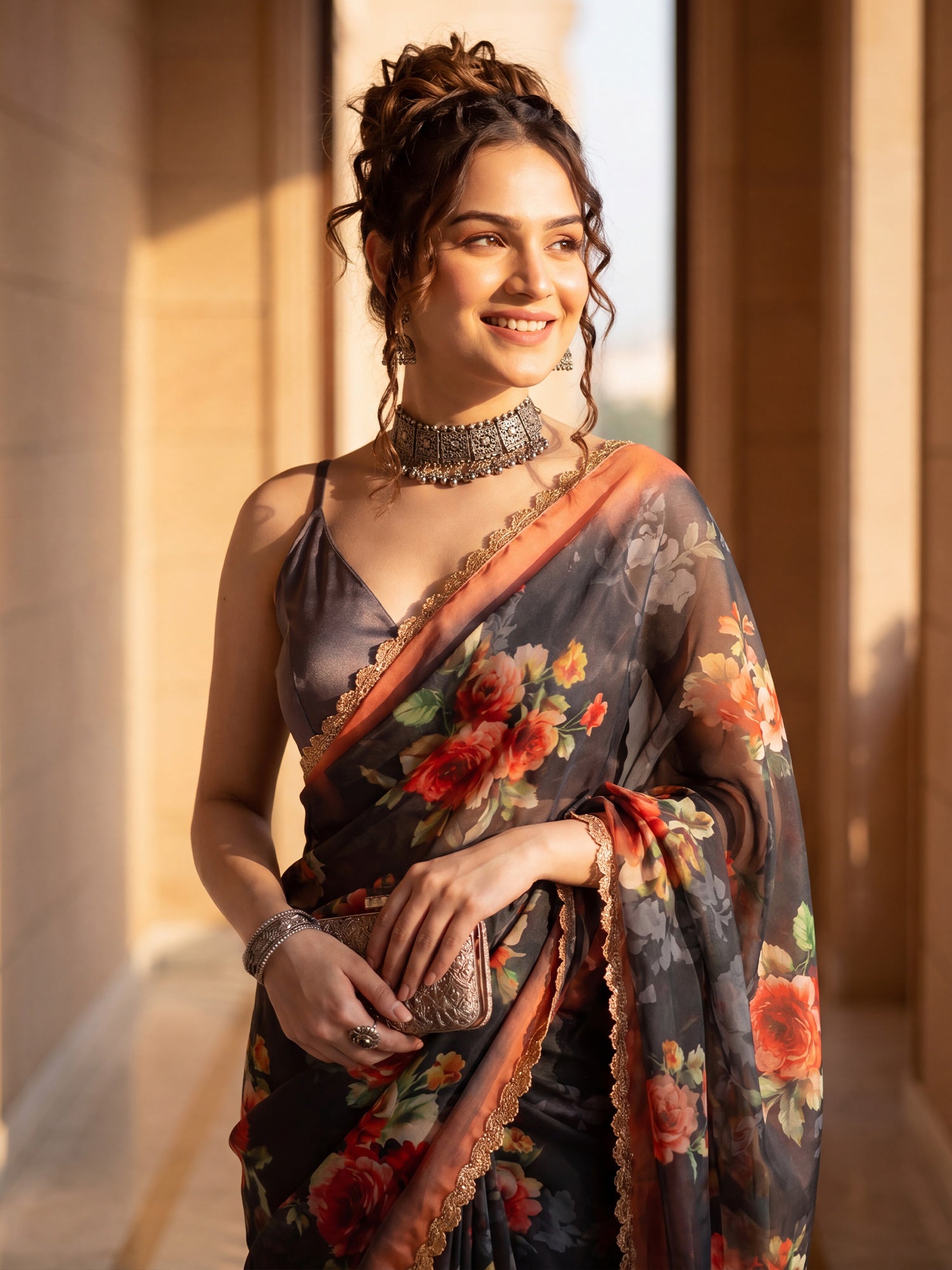 Charcoal Grey Organza saree – detail view 4