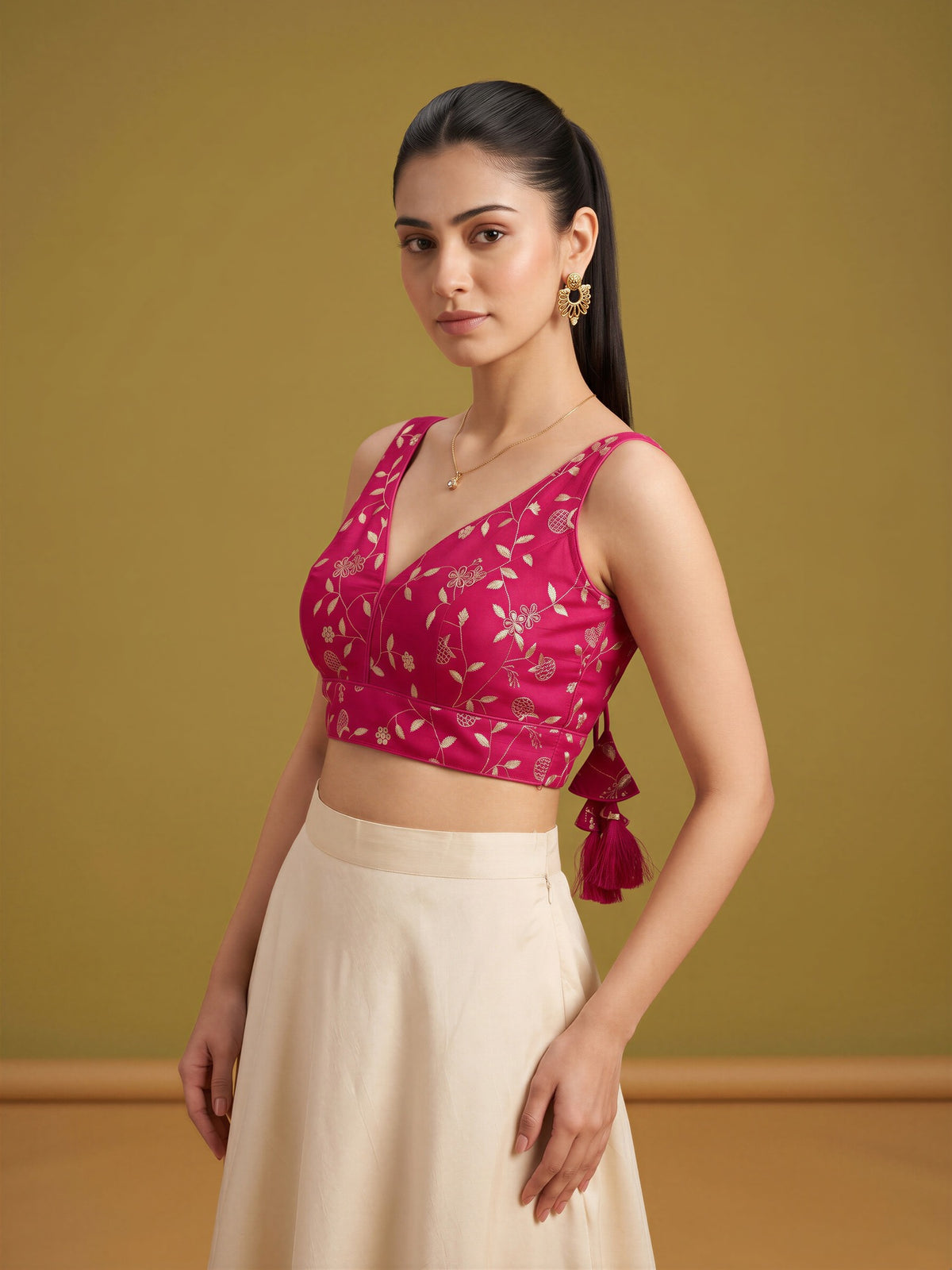 Pink sequin embellished silk blend sleeveless readymade saree blouse with v neck view 3
