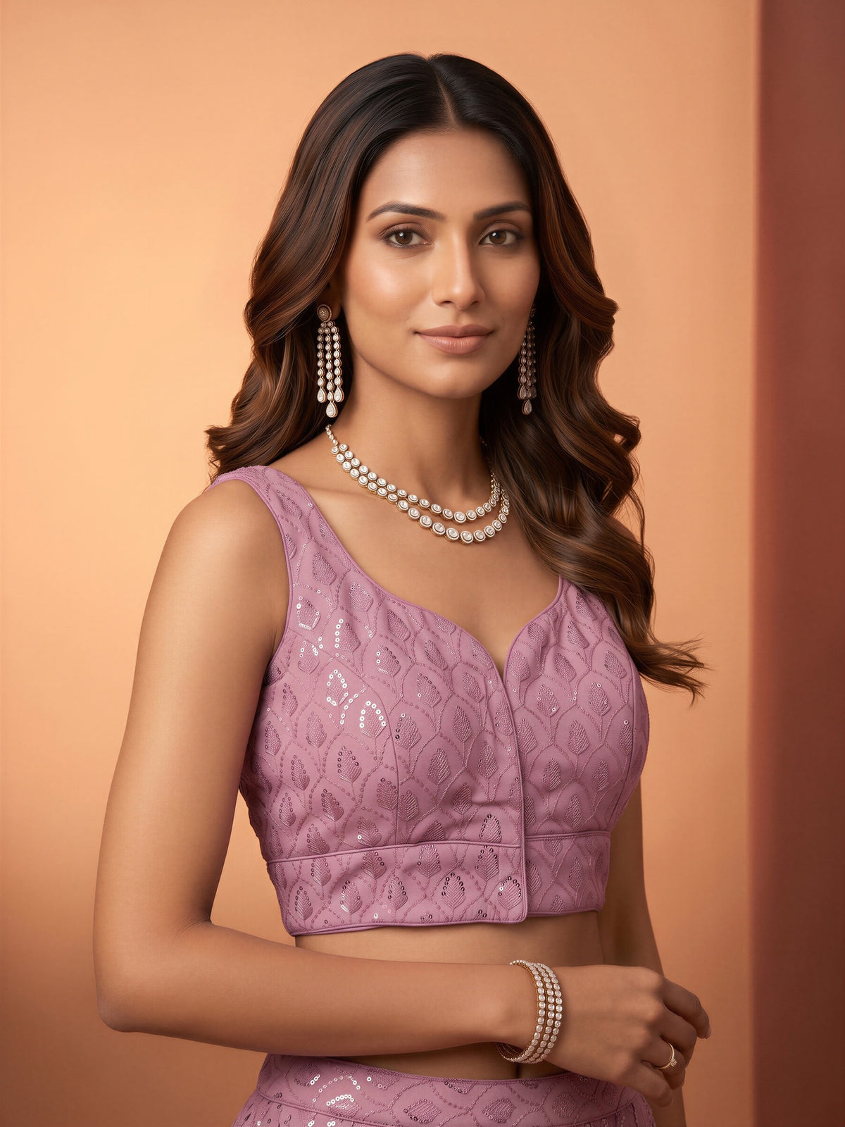 Lavender sequin embroidered georgette sleeveless readymade saree blouse with sweetheart neck view 2