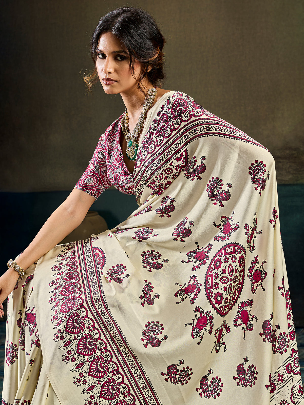 Cream Satin saree – detail view 3