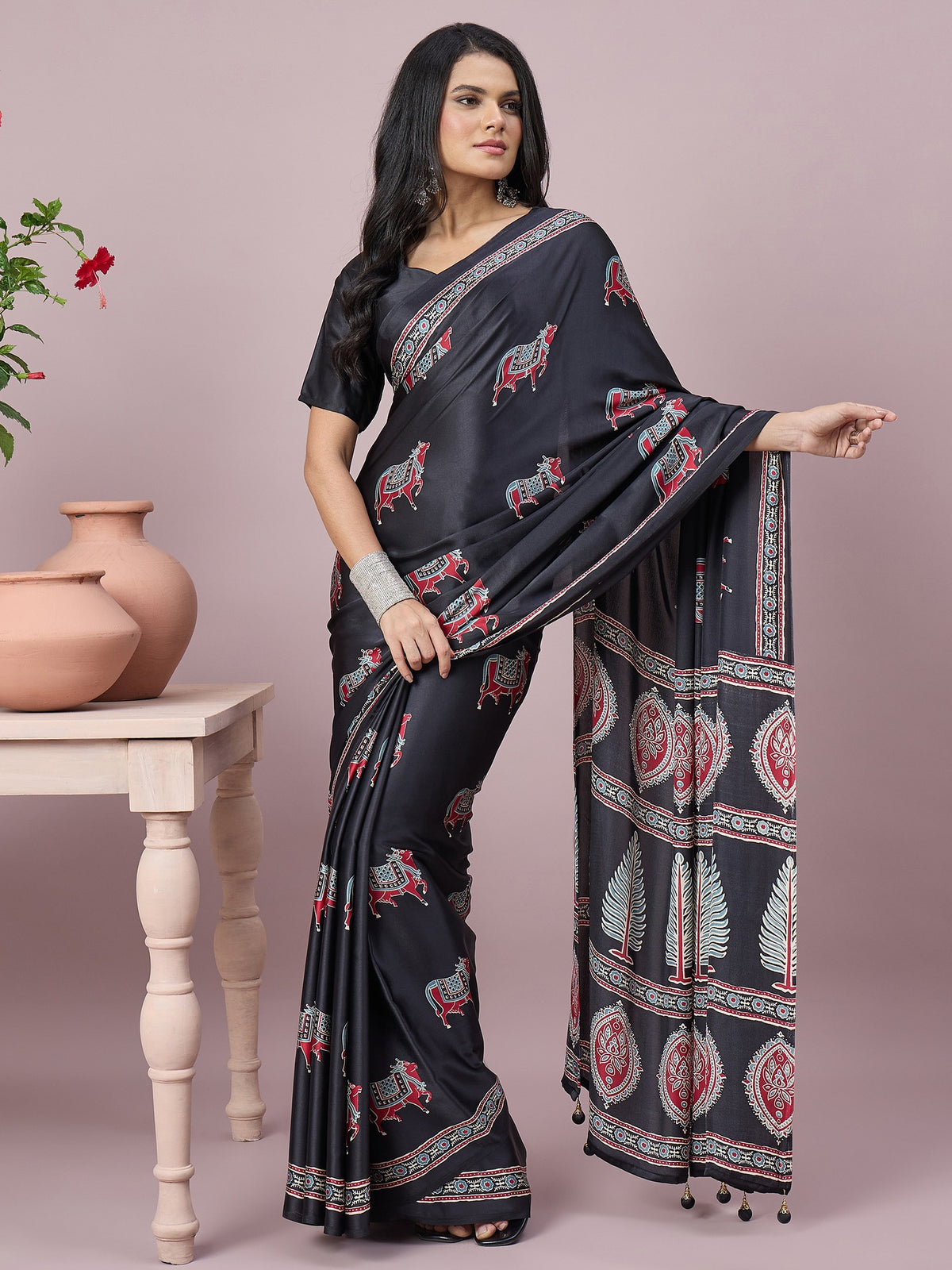 Black satin saree view 5