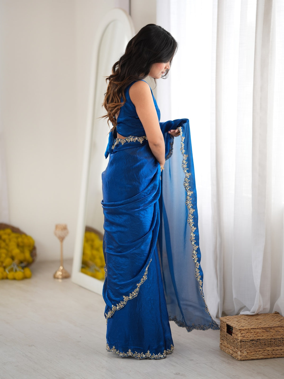 Teal Blue Satin saree – detail view 1