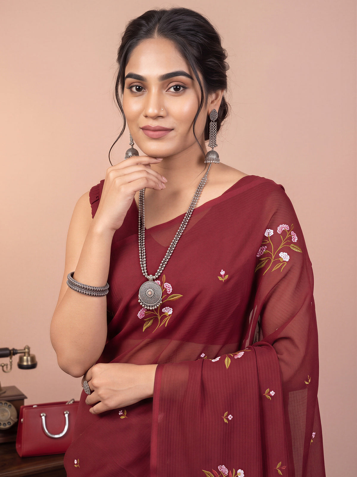 Maroon Kota Doria Cotton saree – detail view 4