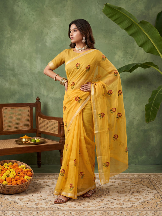 Yellow Kota Doria Cotton saree – detail view 1