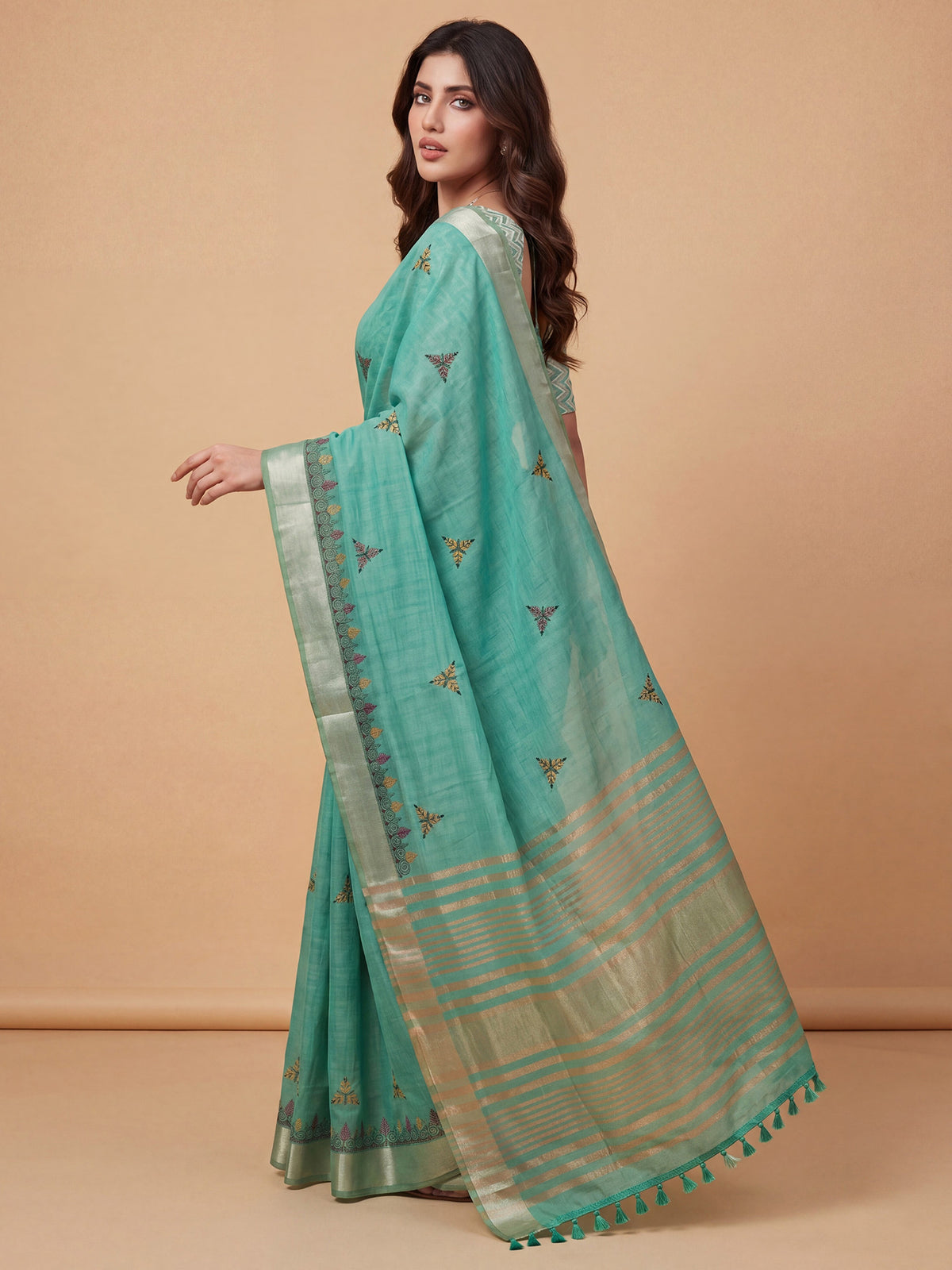 Sea Green Cotton Linen saree – detail view 2