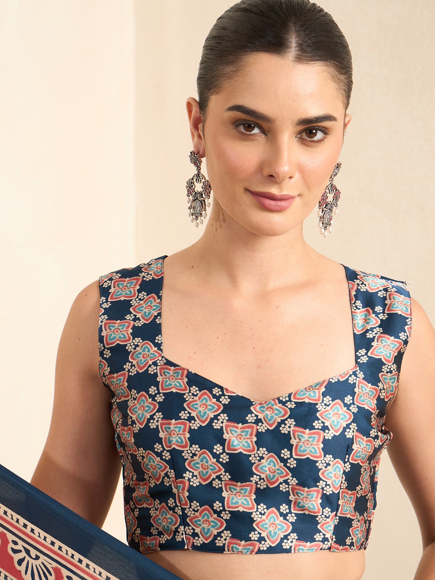 Unstitched teal blue pure crepe blouse piece with ethnic motif design