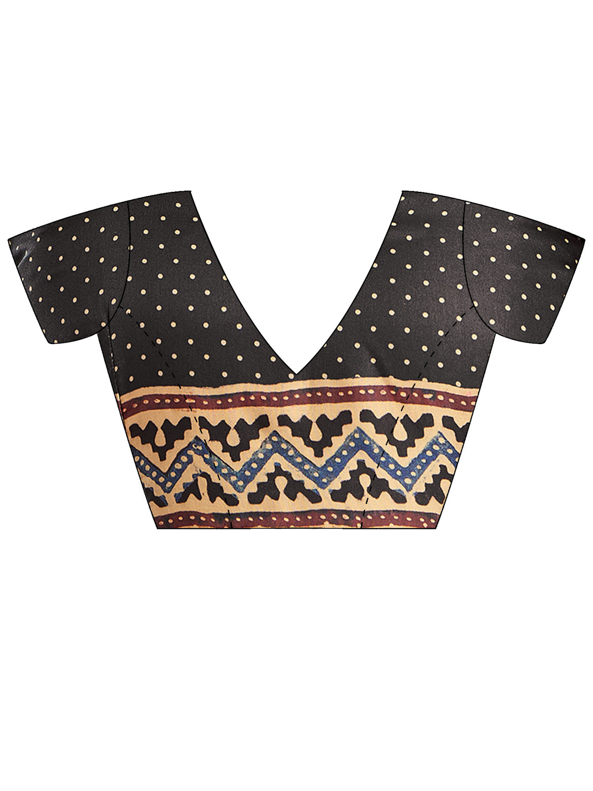 Unstitched black silk blend blouse piece with polka dot design