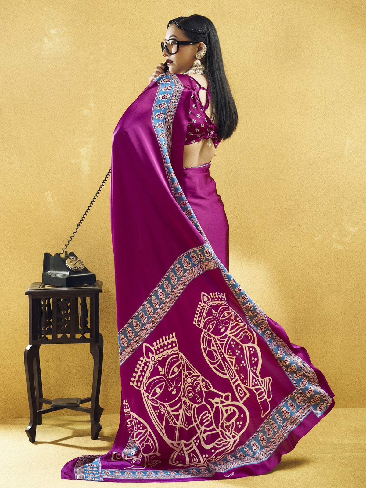 Magenta satin saree view 3