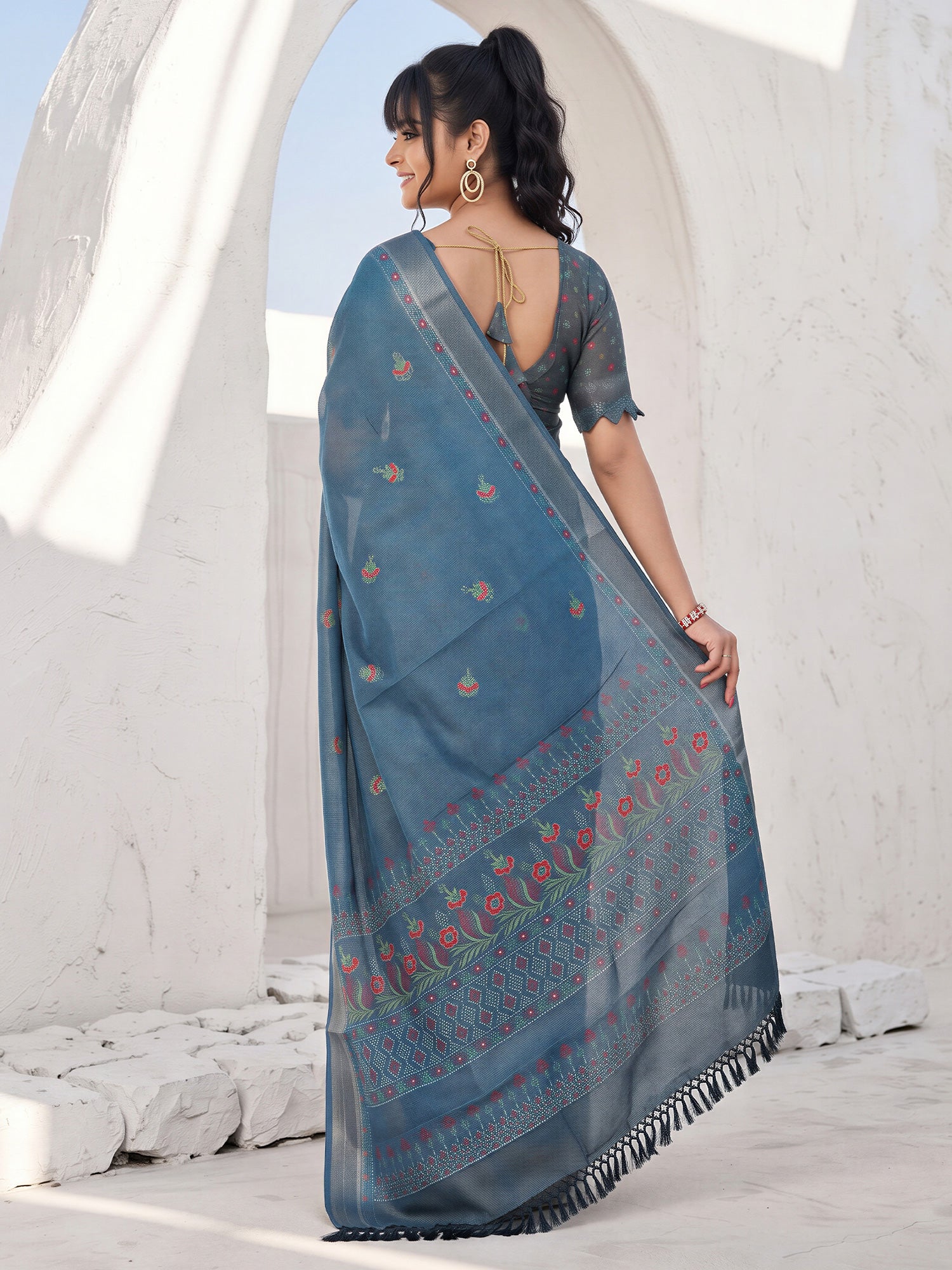 Teal Blue Cotton Silk saree – detail view 1