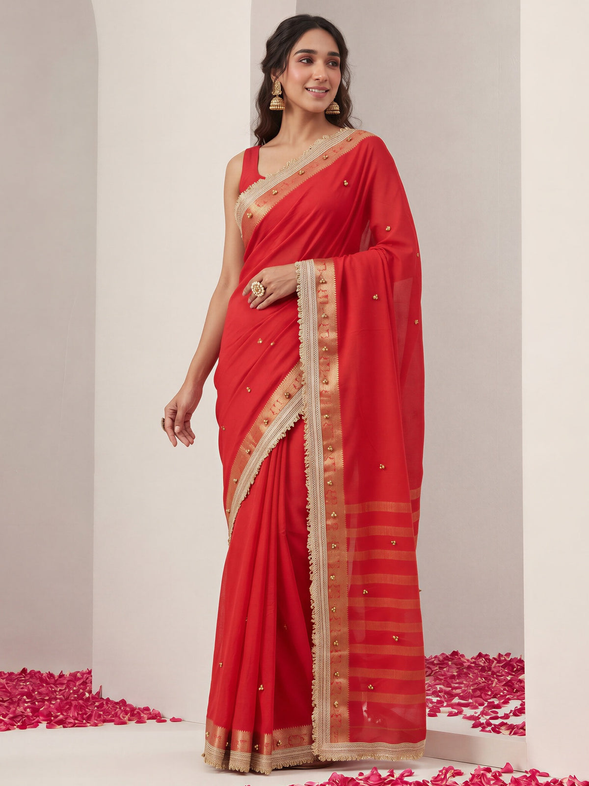Red woven design soft silk saree with red blouse piece