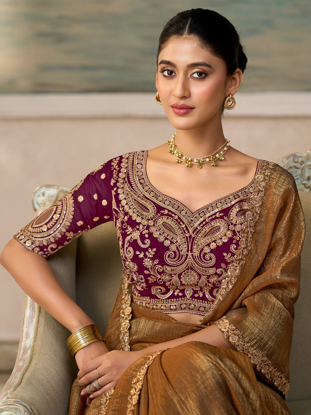 Olive Georgette saree – detail view 1