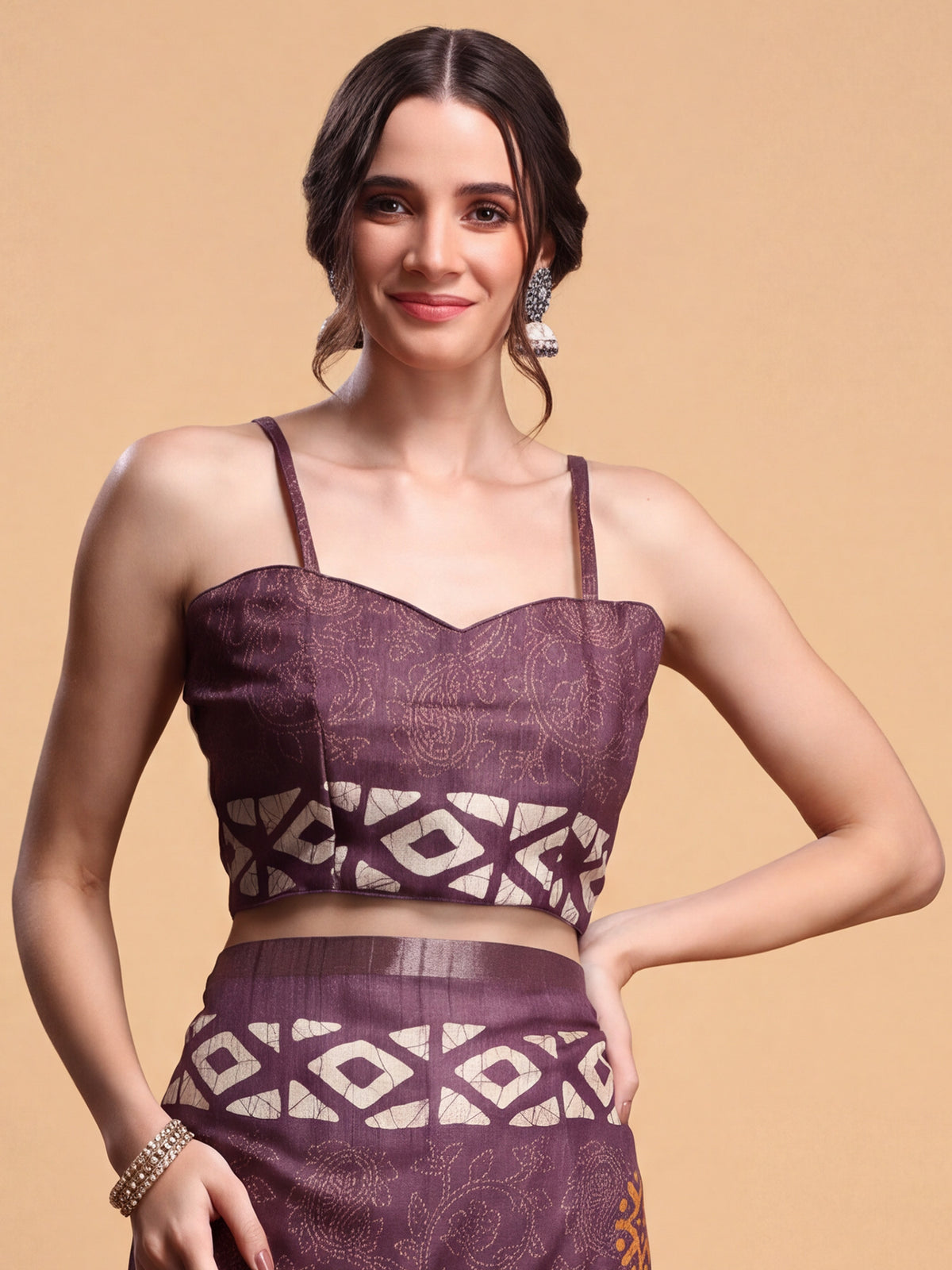 Unstitched burgundy silk blend blouse piece with block prints design