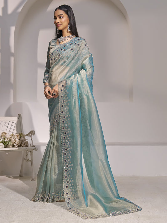 Light Blue organza saree view 1