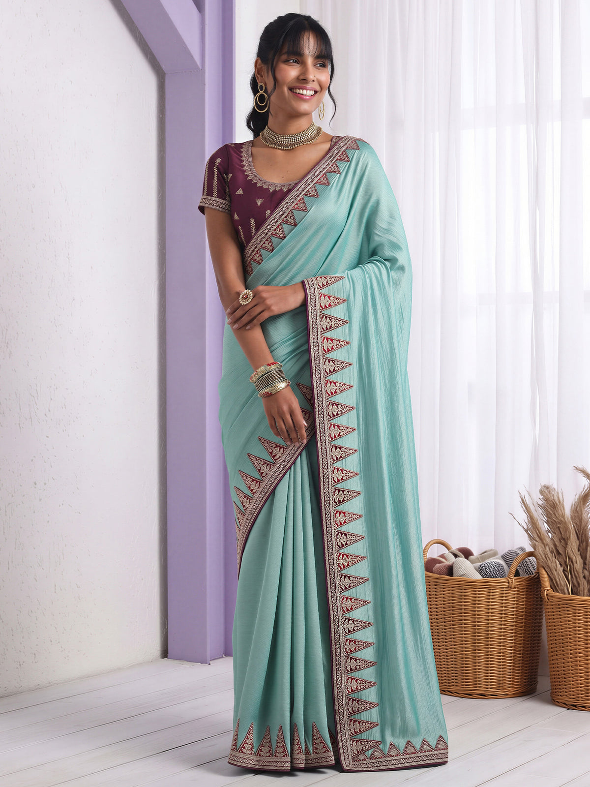 Light Blue Vichitra Silk saree – detail view 3