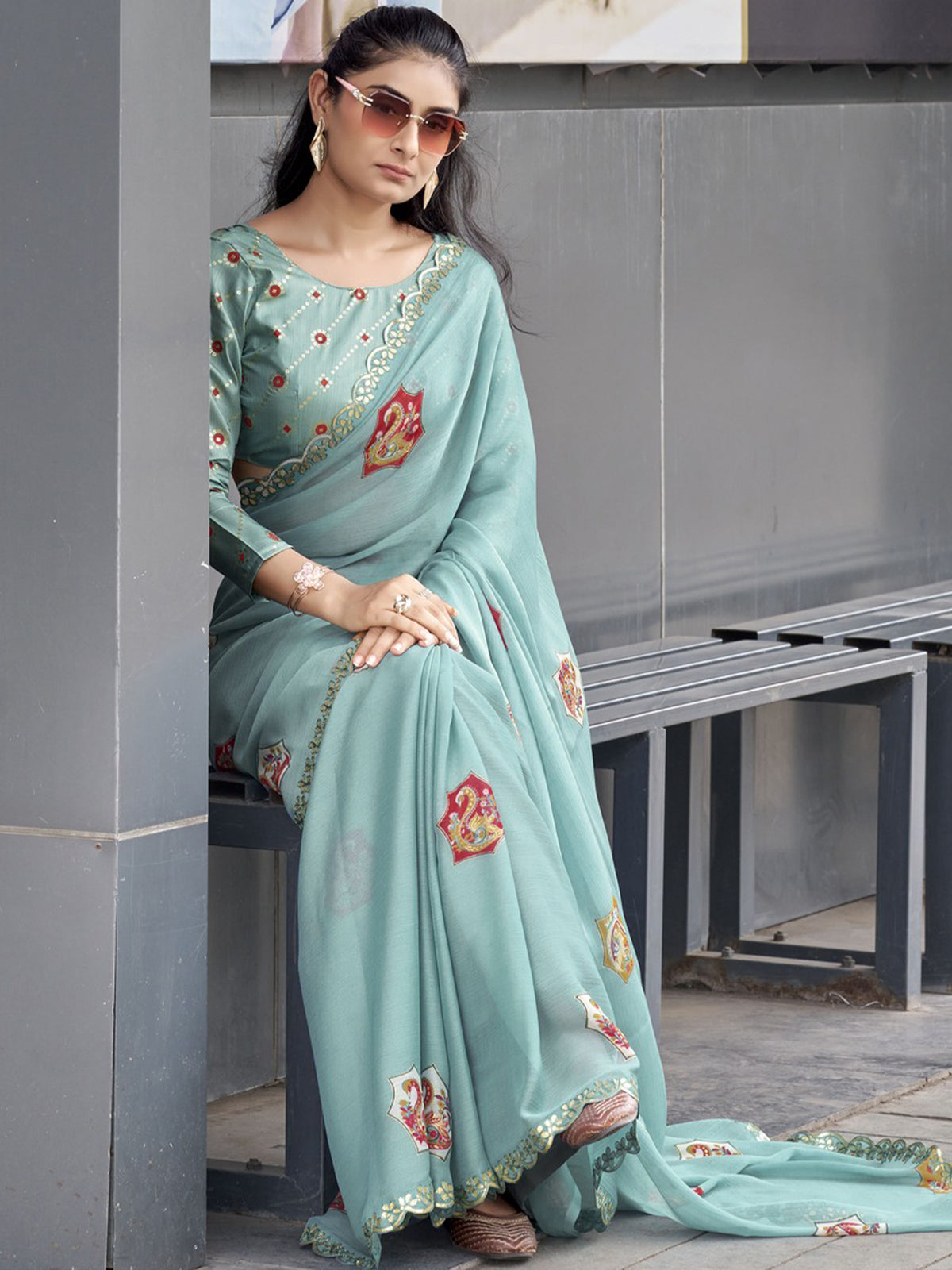 Aqua Blue chiffon saree view 4