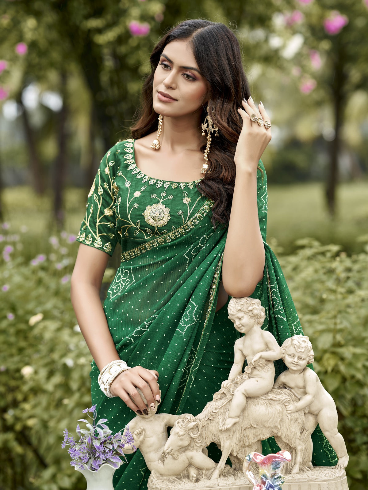 Green georgette saree view 3