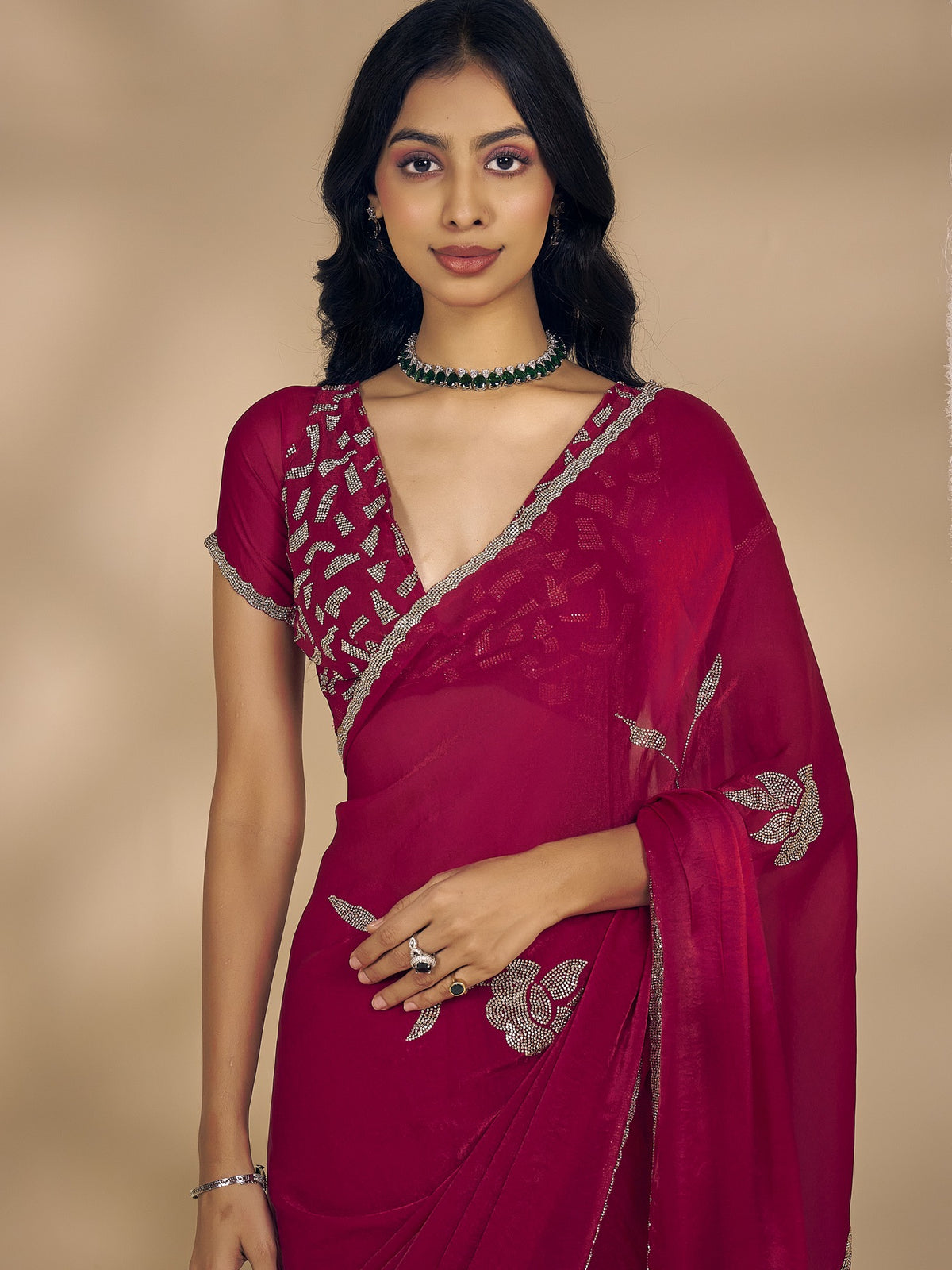 Pink satin silk saree view 4