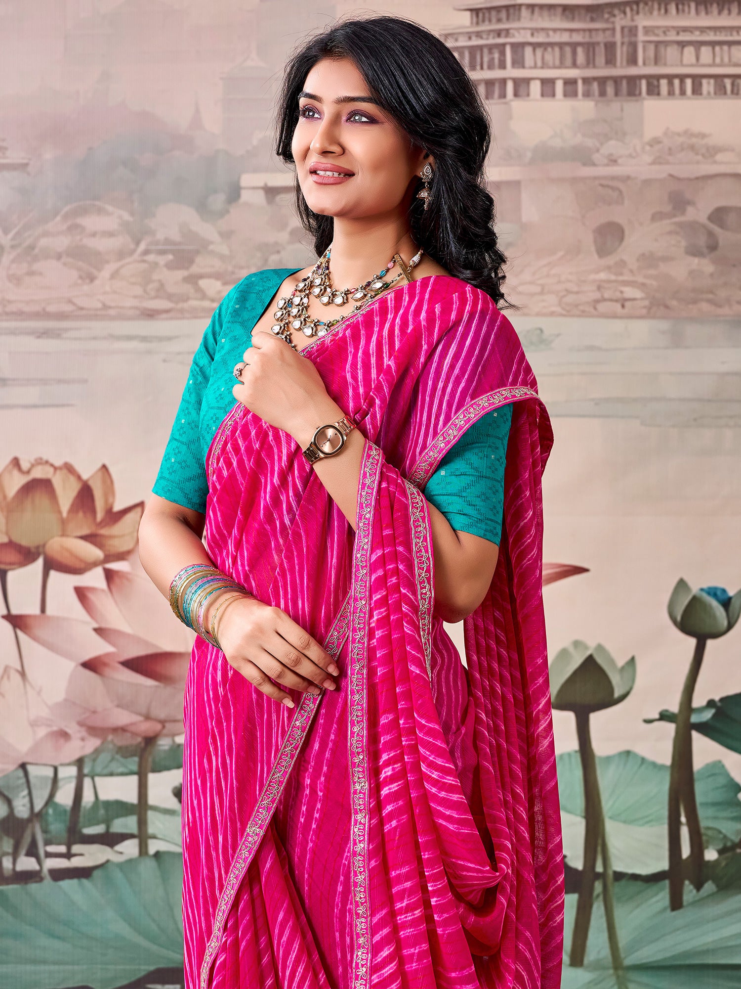Pink Georgette saree – detail view 2