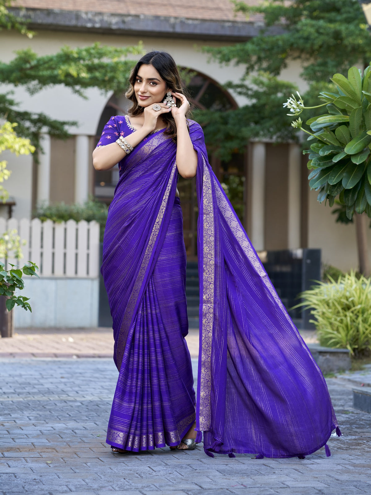 Violet jacquard saree view 3