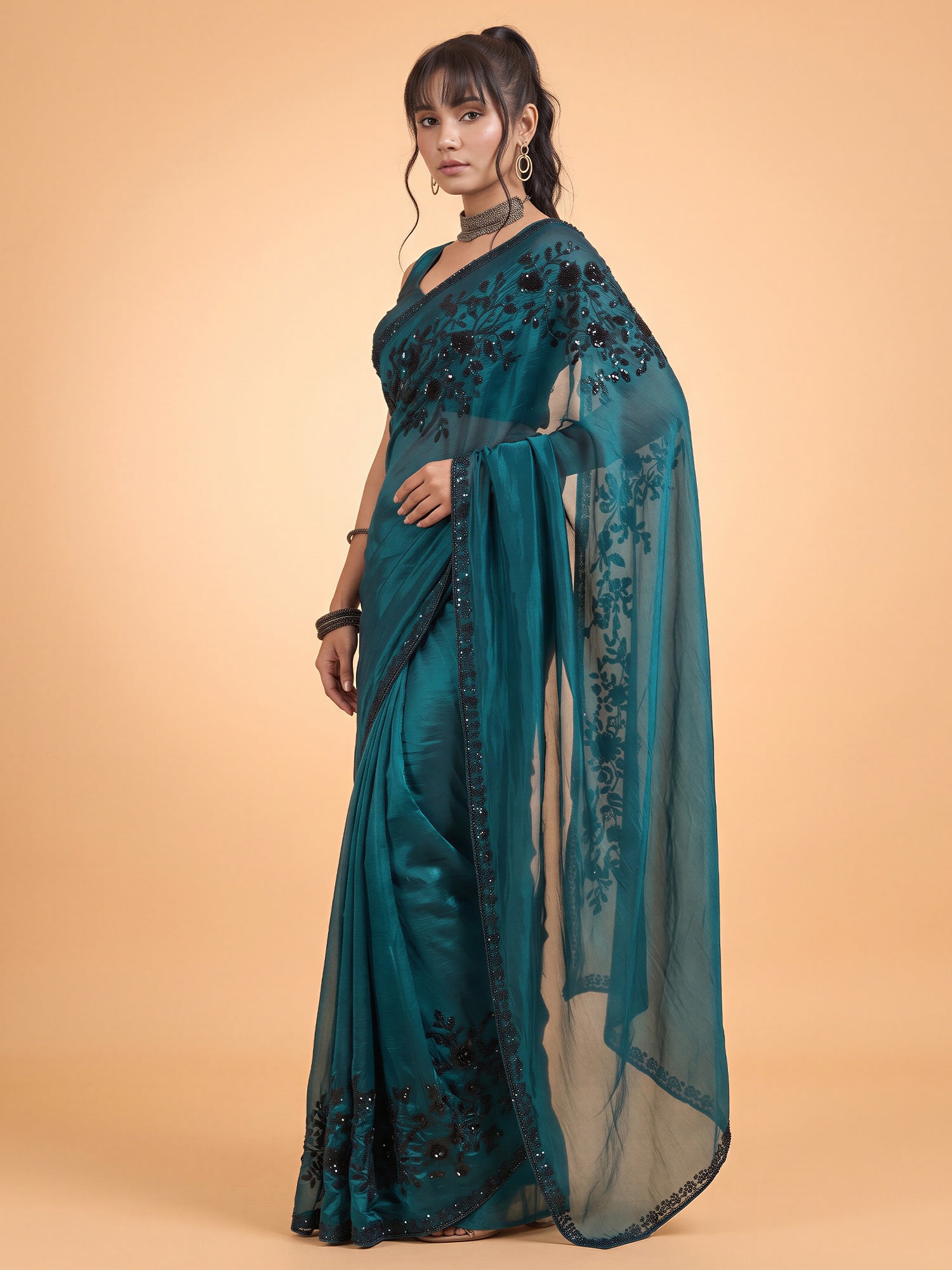 Teal Green Satin Silk saree – detail view 3