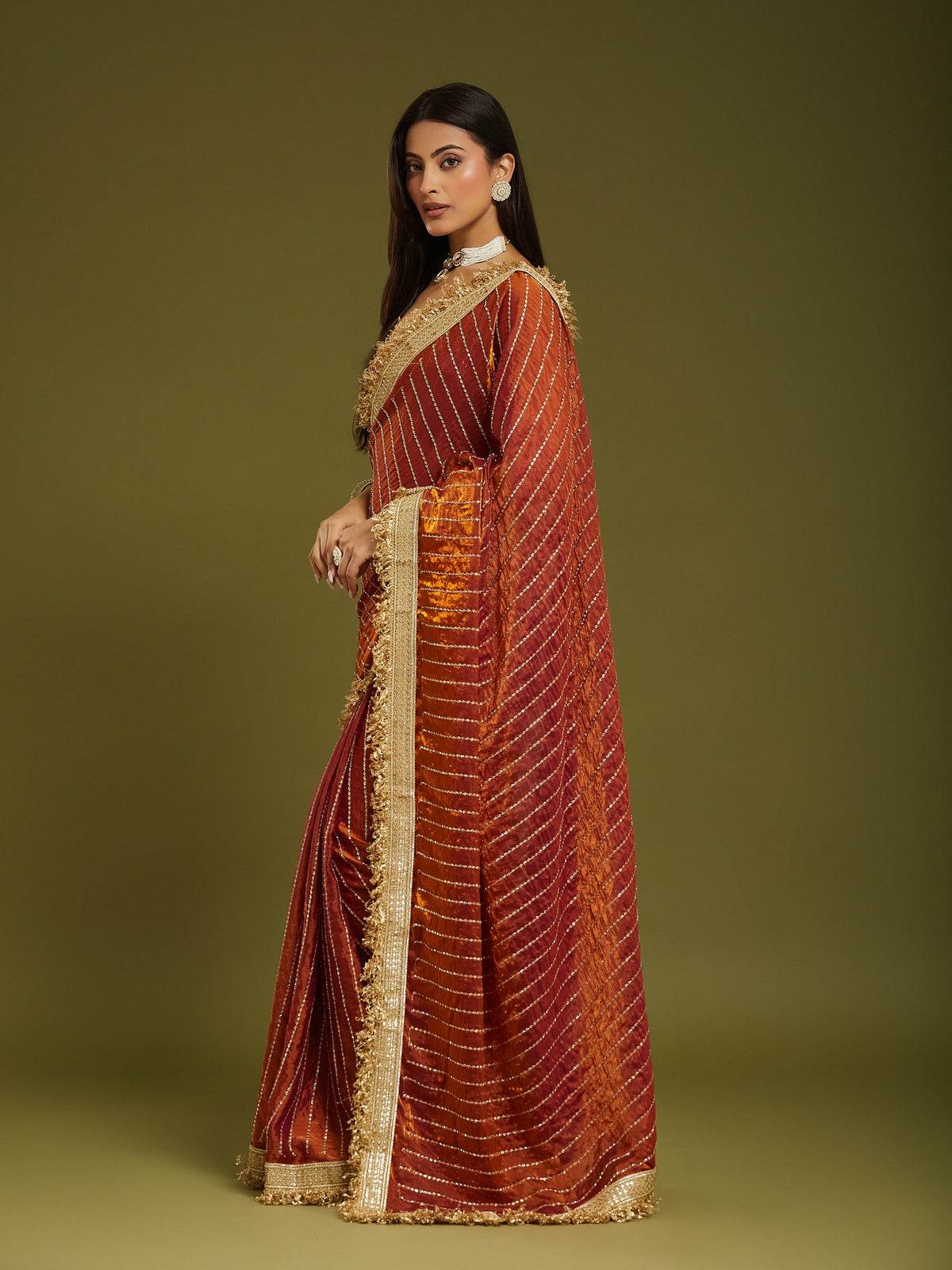 Orange Satin saree – detail view 3