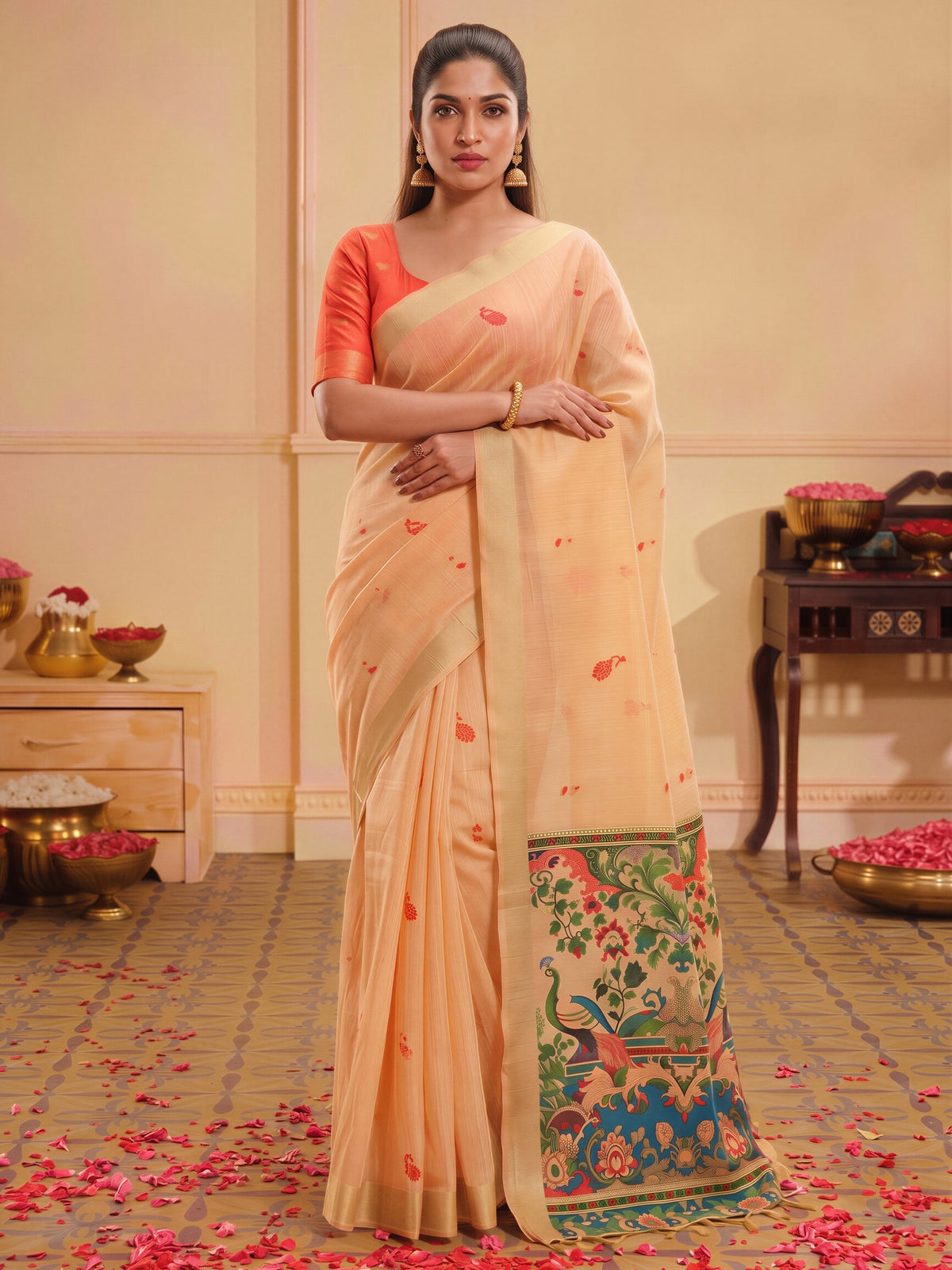 Peach silk blend saree view 3