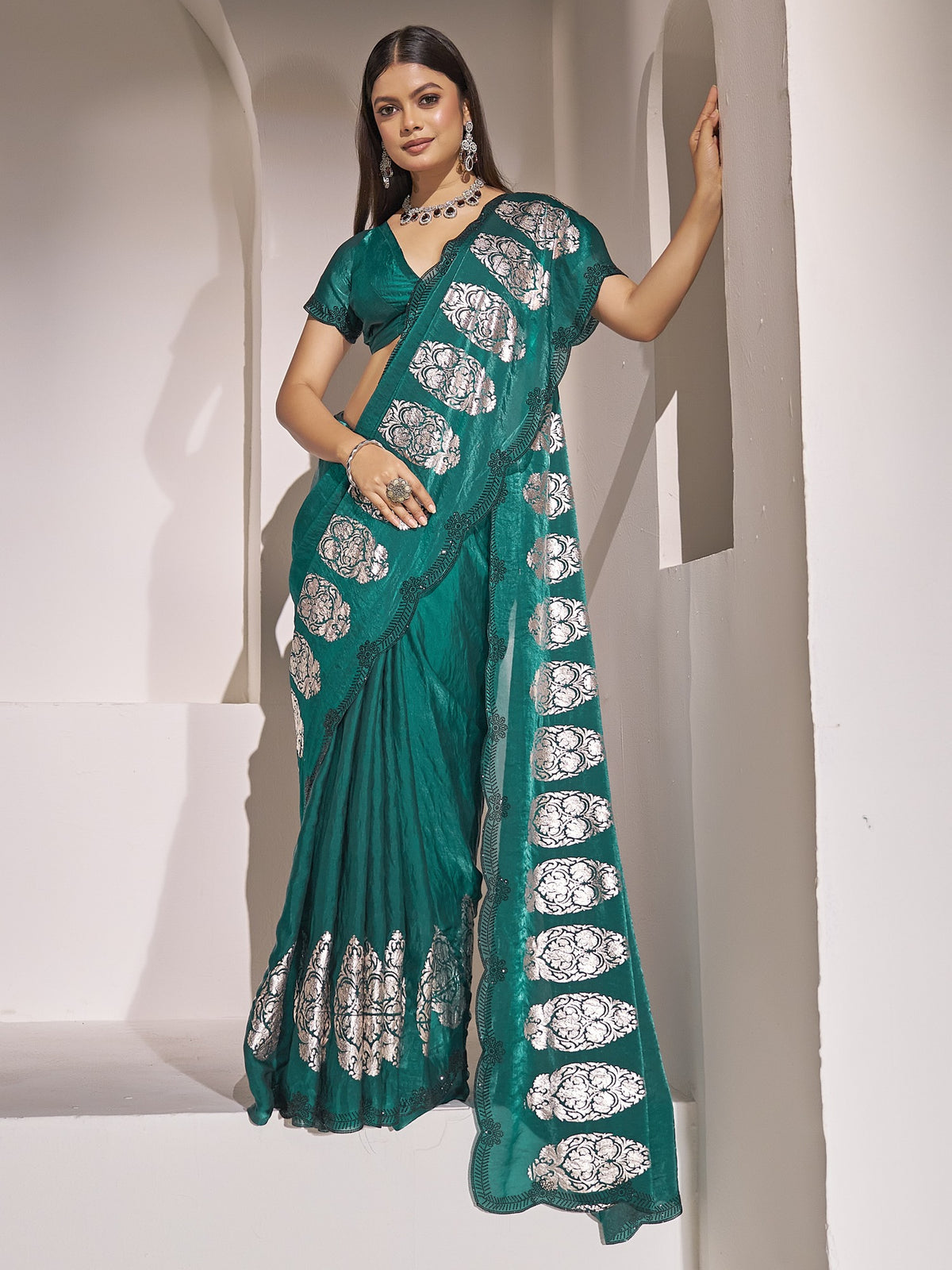 Teal Green satin silk saree view 2