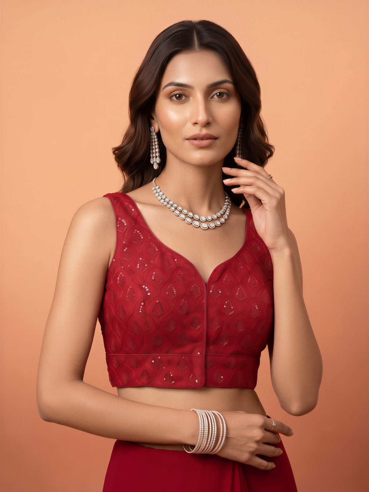 Maroon sequin embroidered georgette sleeveless readymade saree blouse with sweetheart neck view 3