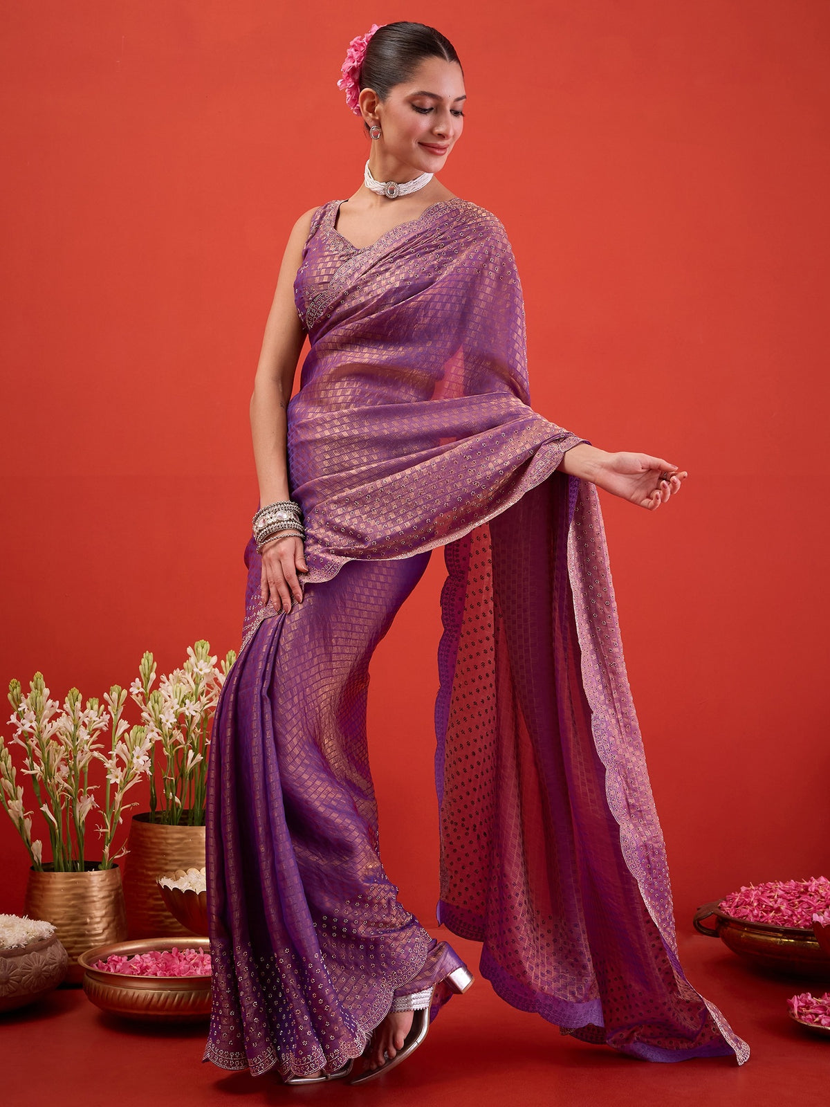 Lavender Satin saree – detail view 2