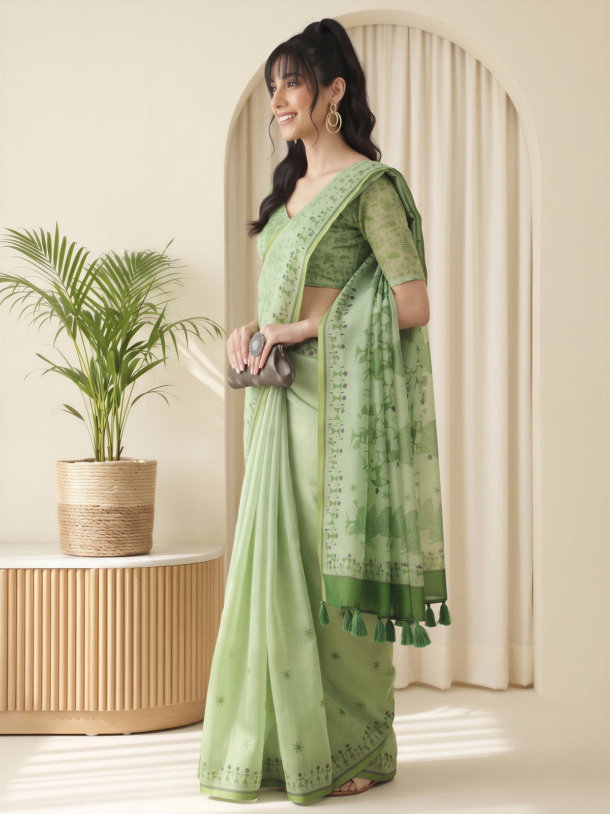 Light Green Cotton Linen saree – detail view 2
