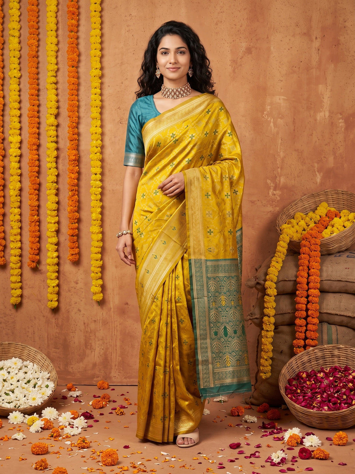 Woman wearing mustard silk blend saree with traditional indian motif work and teal blue blouse