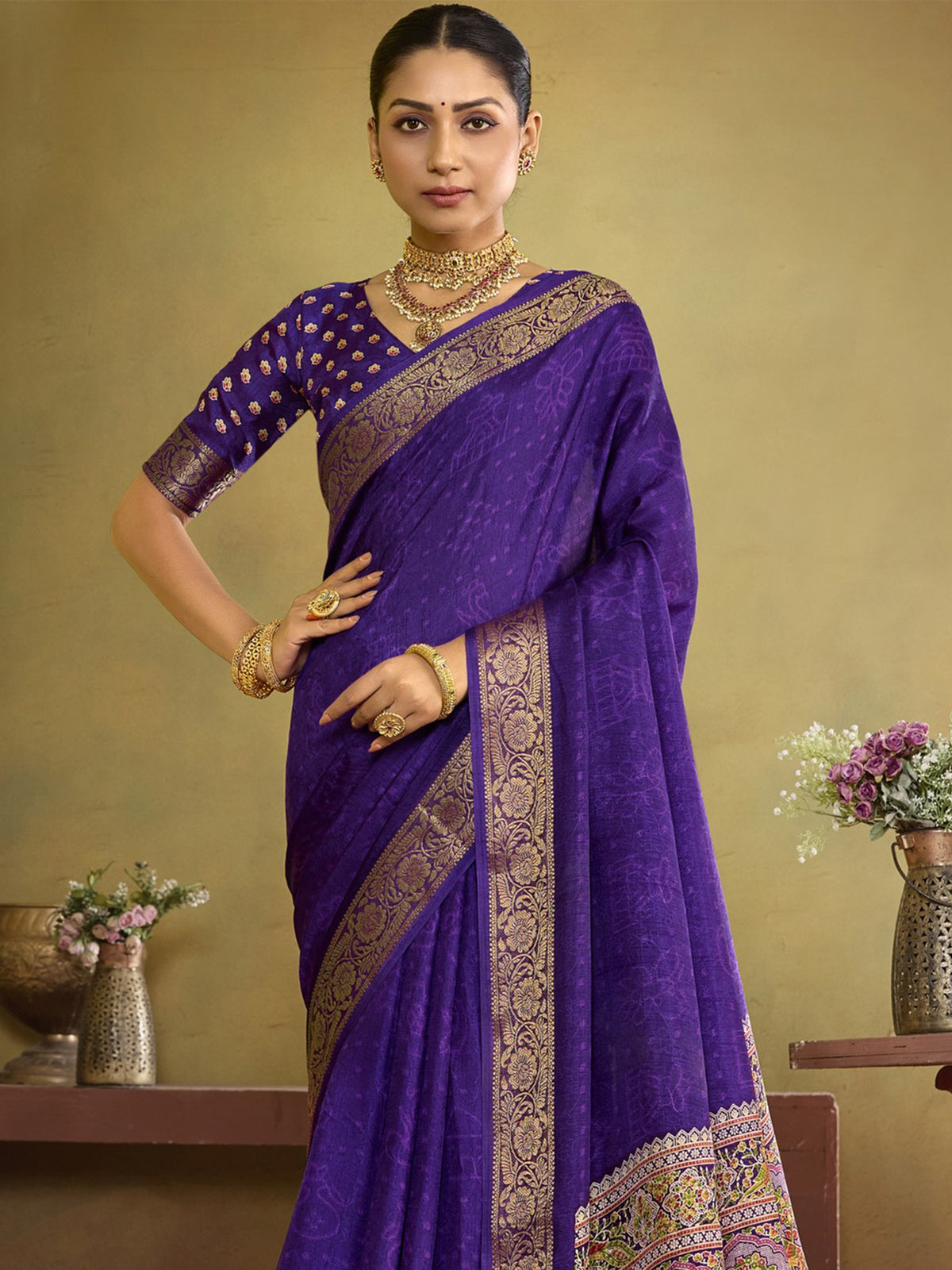Purple tussar silk saree view 5