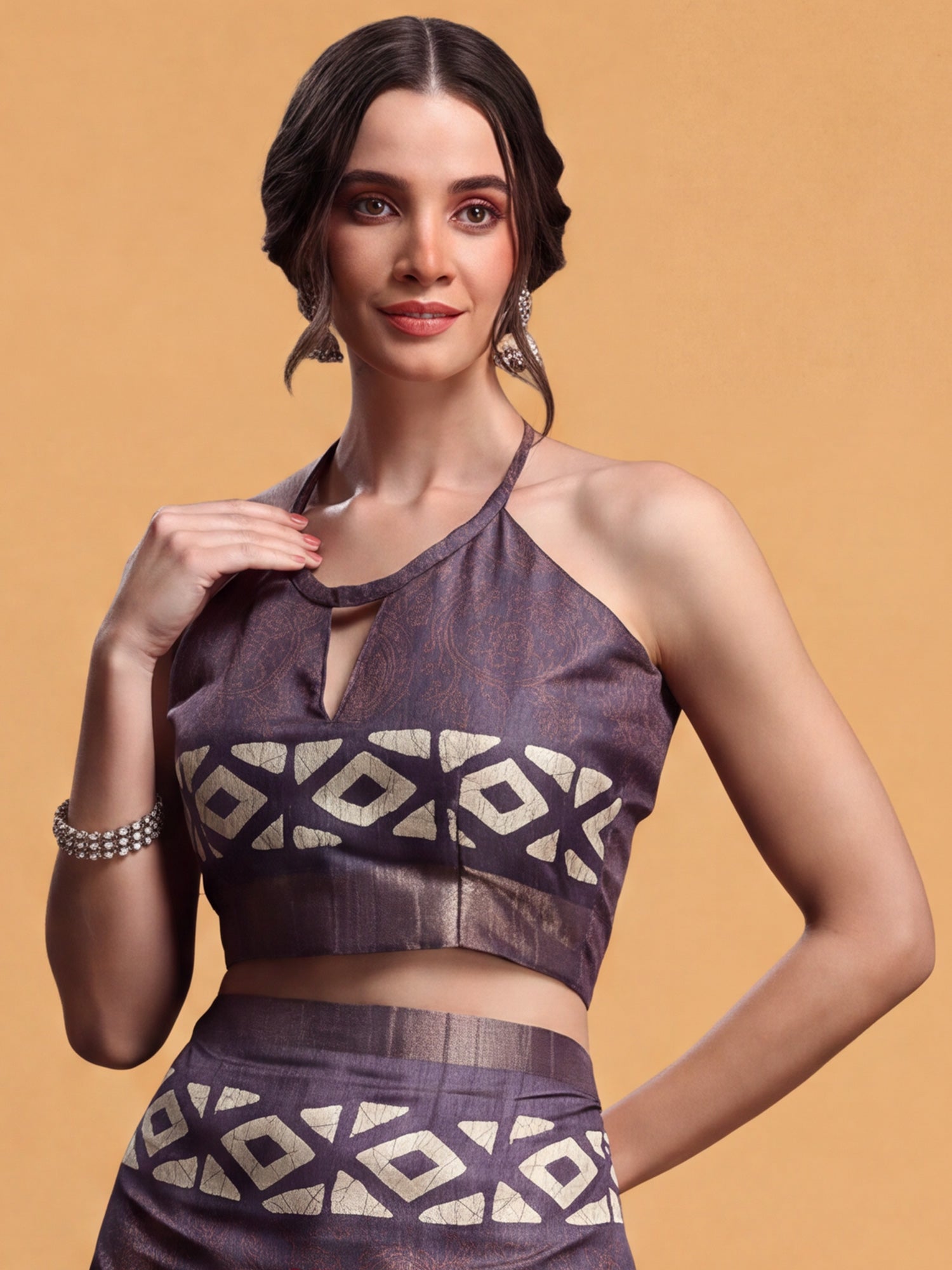 Unstitched violet silk blend blouse piece with block prints design