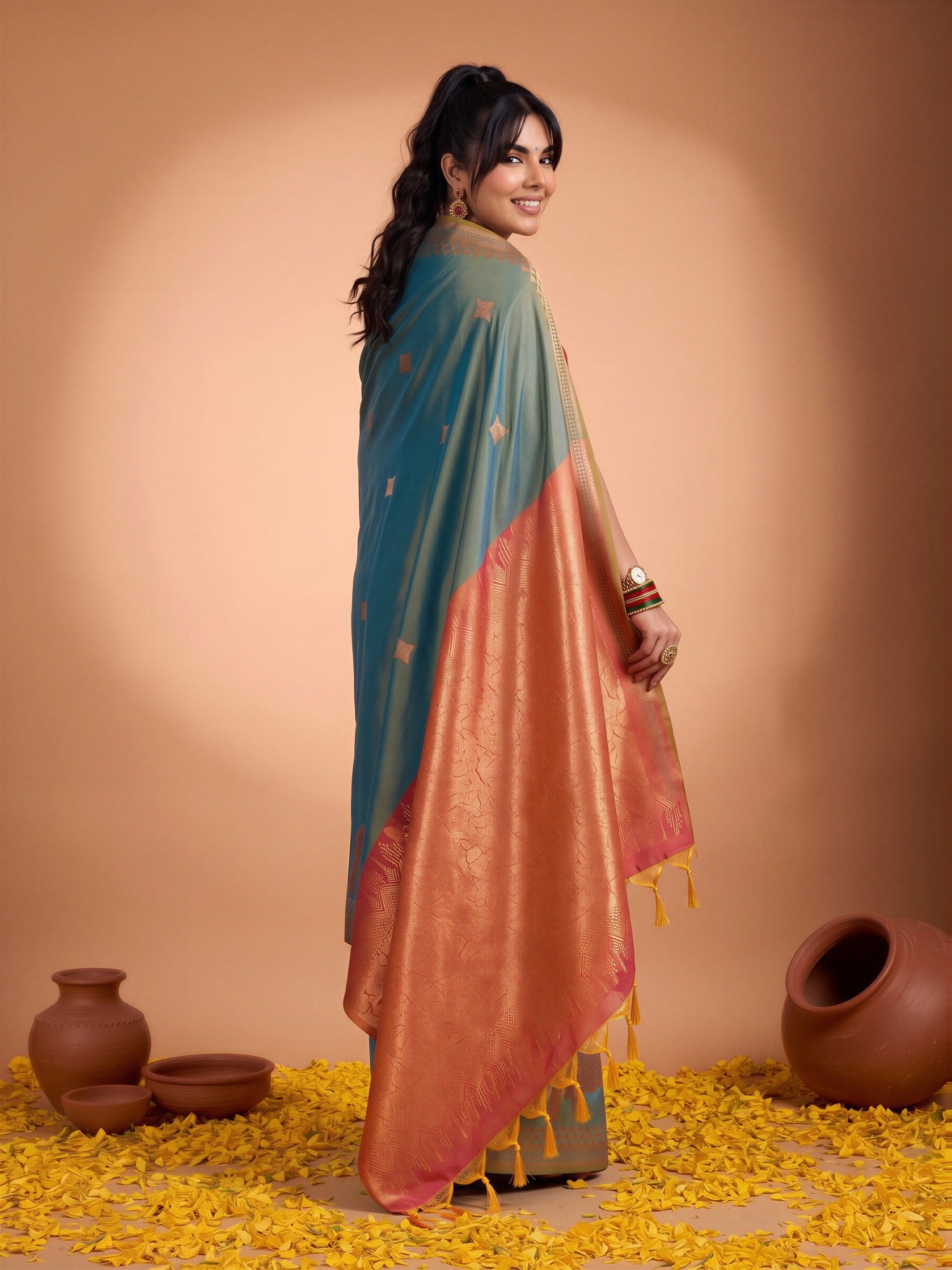 Teal Blue Silk saree – detail view 1