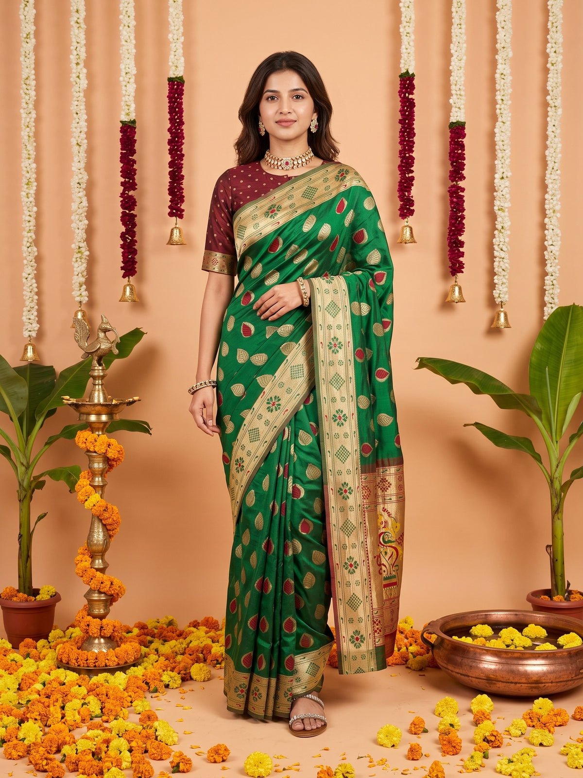 Woman wearing green silk blend saree with zari butta (metallic motif) work and brown blouse