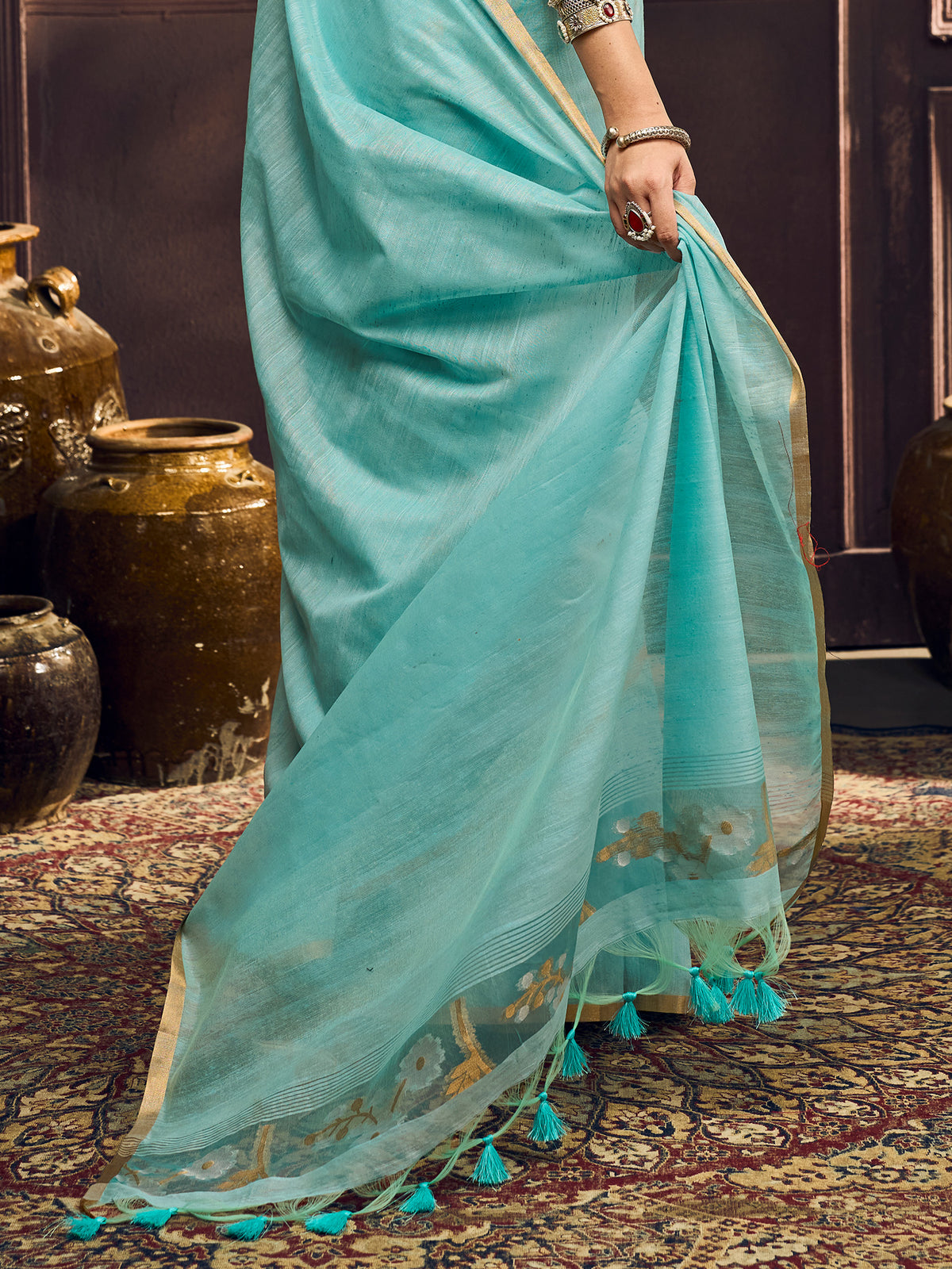 Light Blue Muga Cotton saree – detail view 5