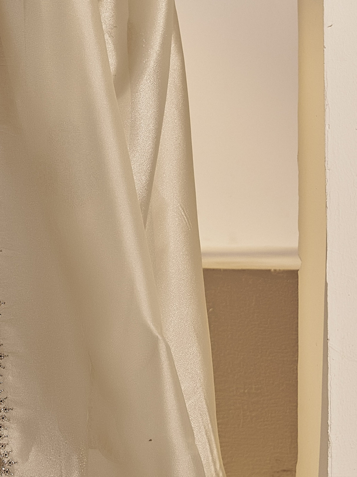 Pallu detail of beige organza saree showing ornamented surface design and scallop border