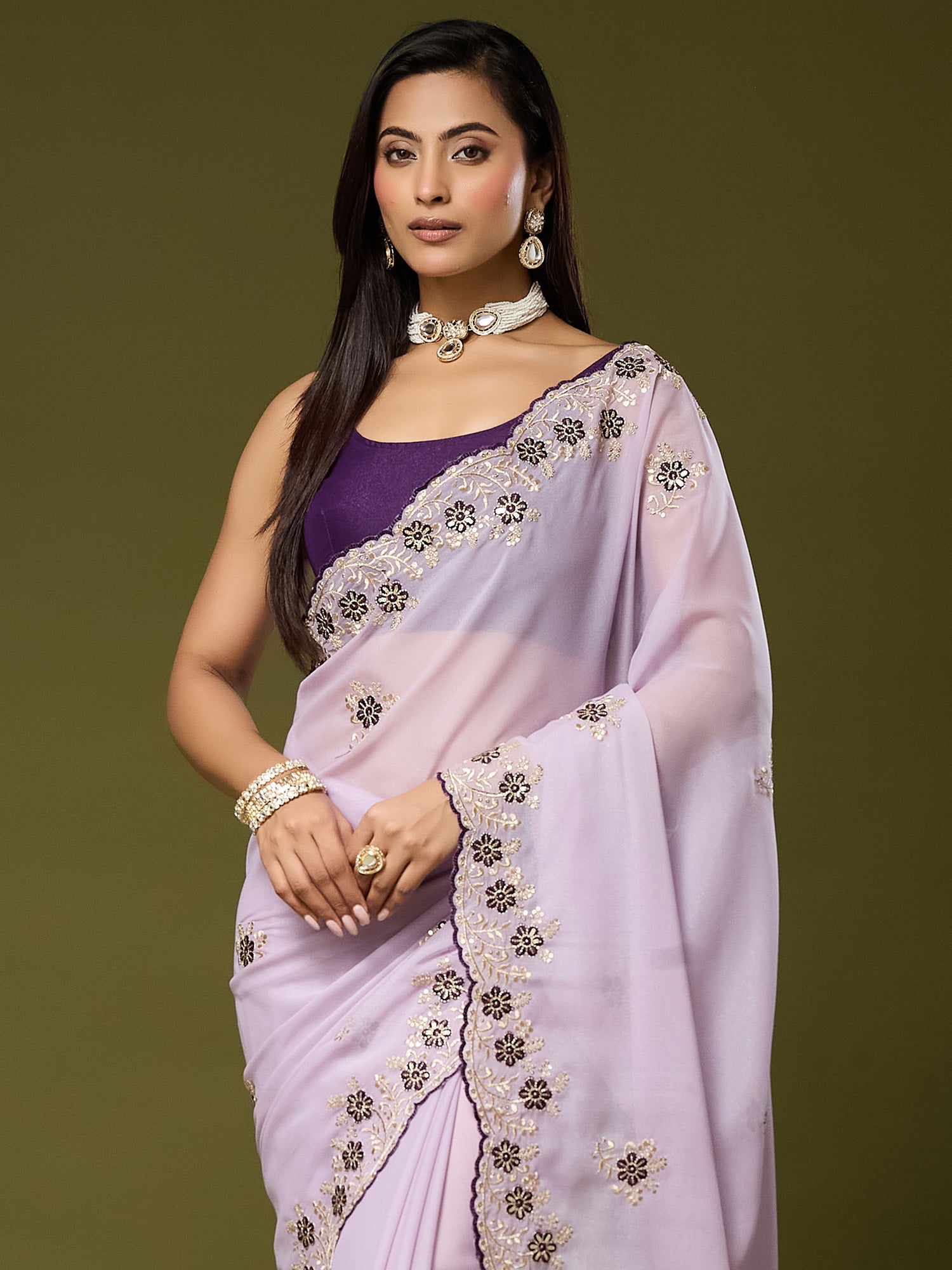 Lavender Georgette saree – detail view 4