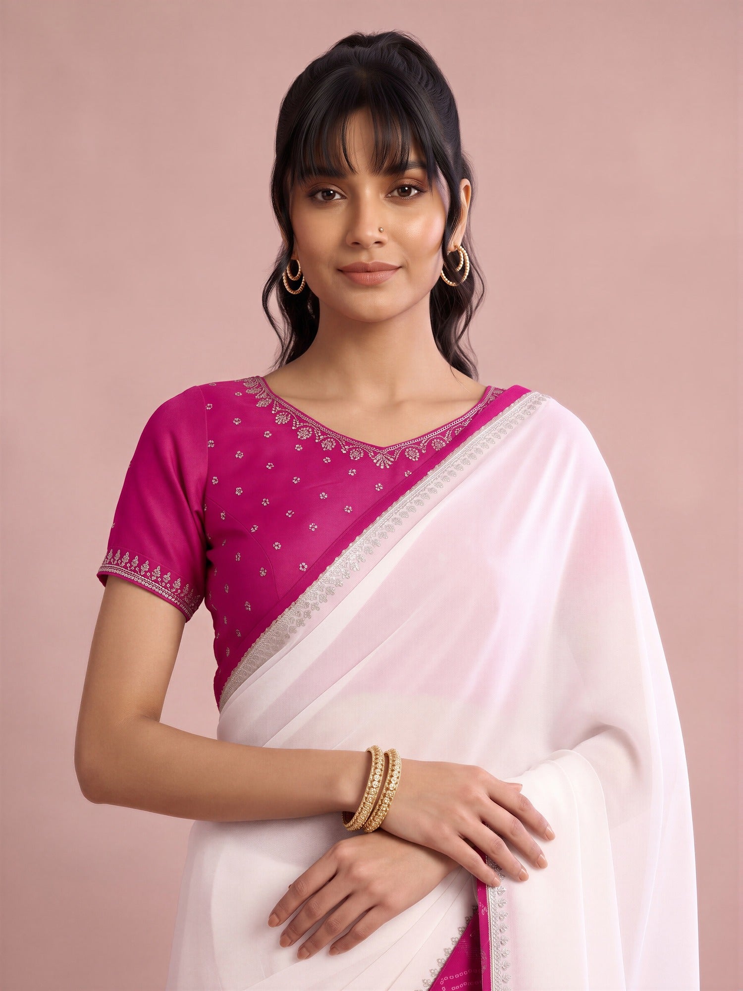 White Vichitra Silk saree – detail view 2