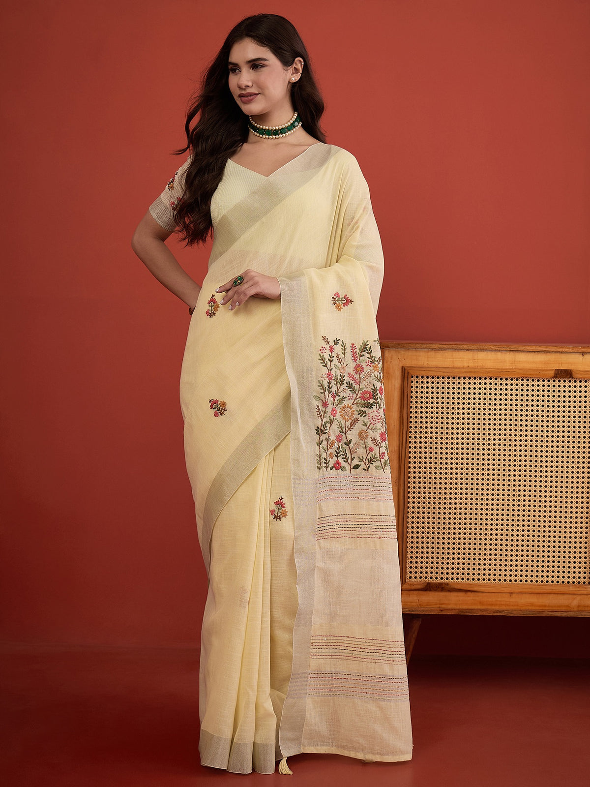 Yellow embroidered linen blend saree with yellow blouse piece