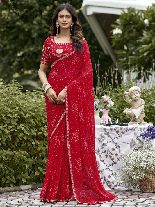 Red bandhani georgette saree with red blouse piece