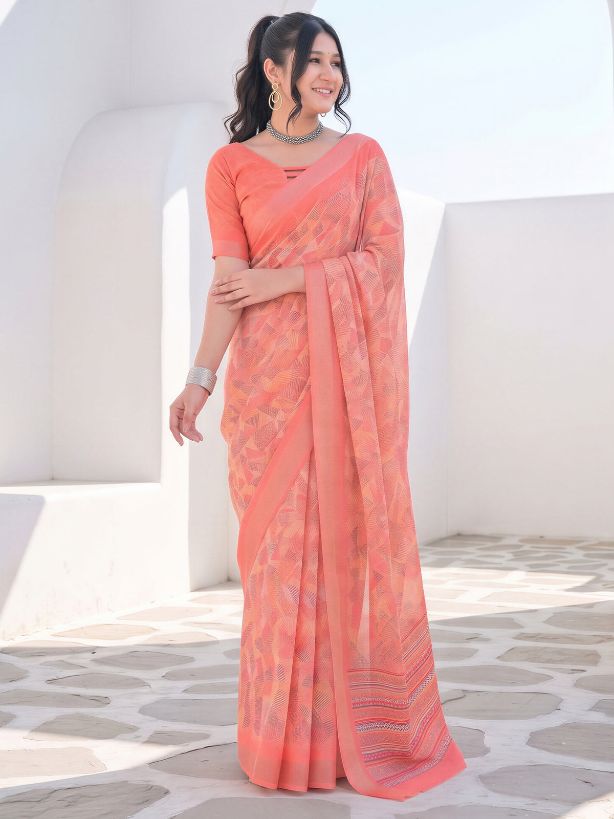 Peach Cotton Linen saree – detail view 3