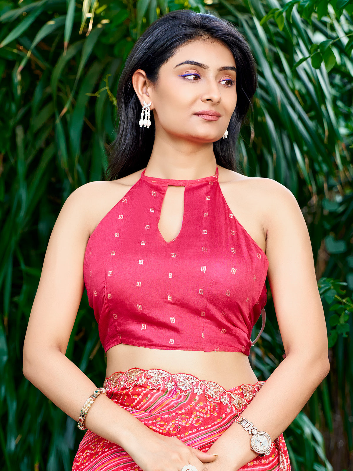 Unstitched pink georgette blouse piece with zari butta design