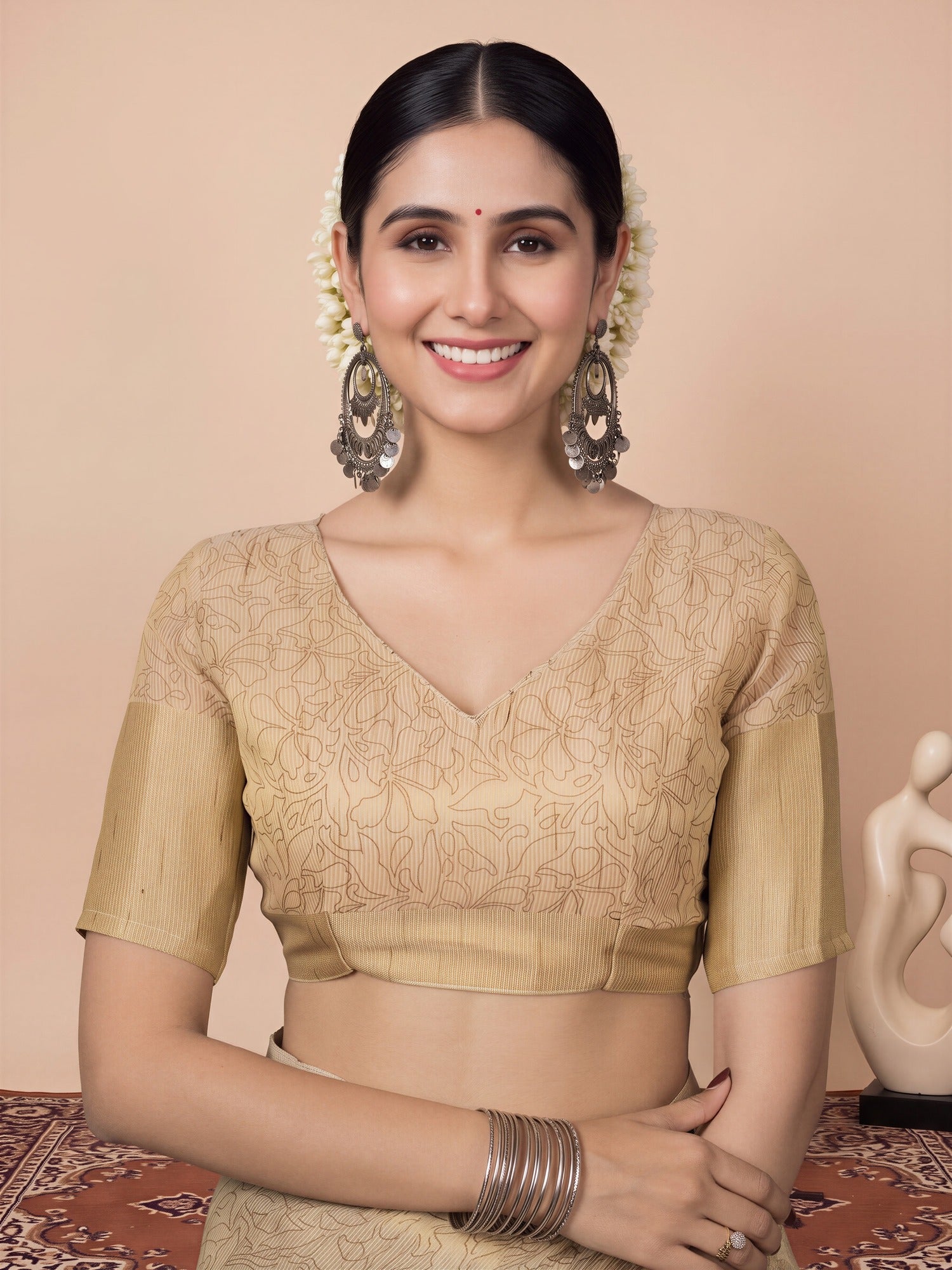 Unstitched cream tissue blouse piece with abstract design