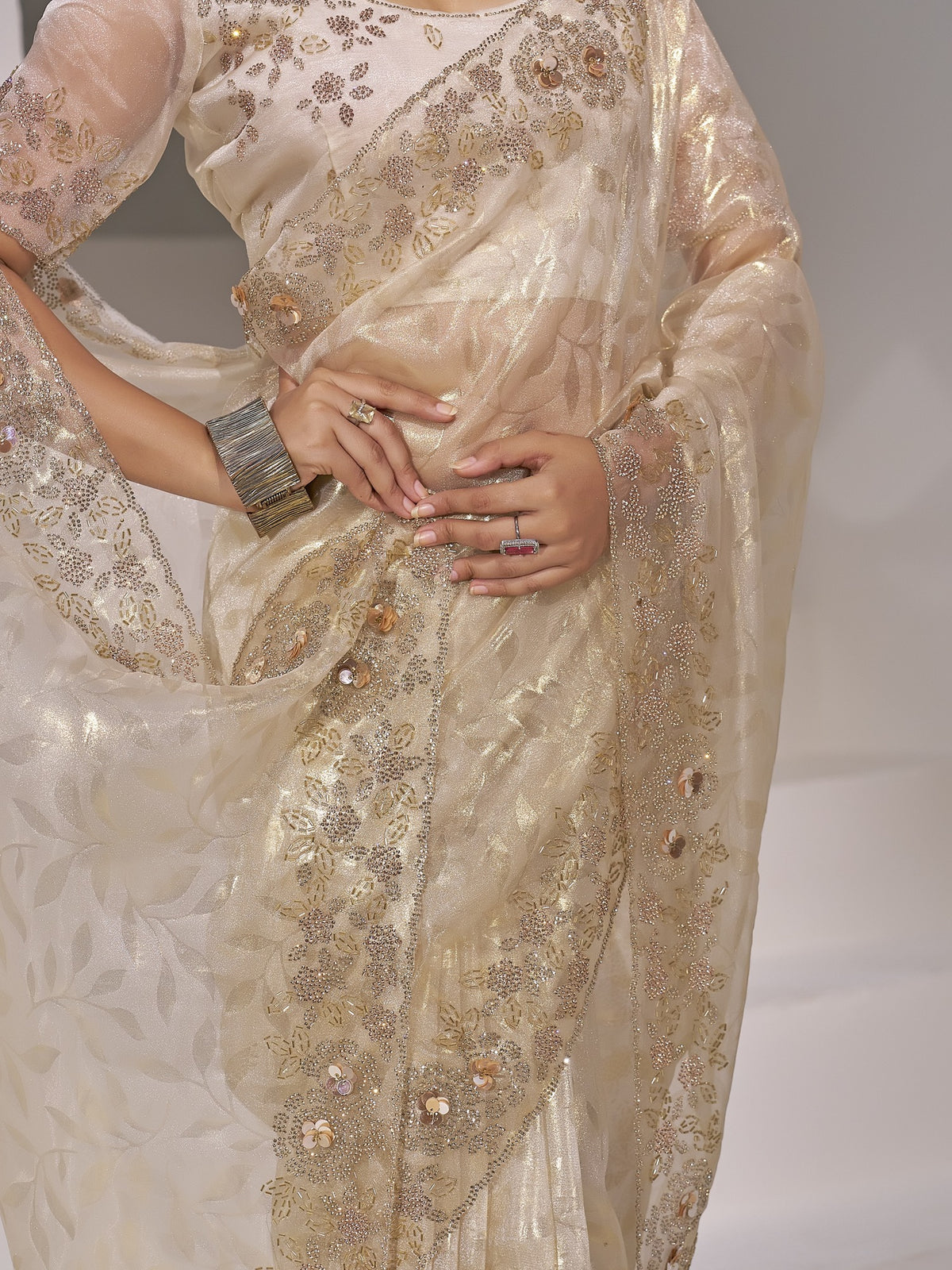 Cream organza saree view 6
