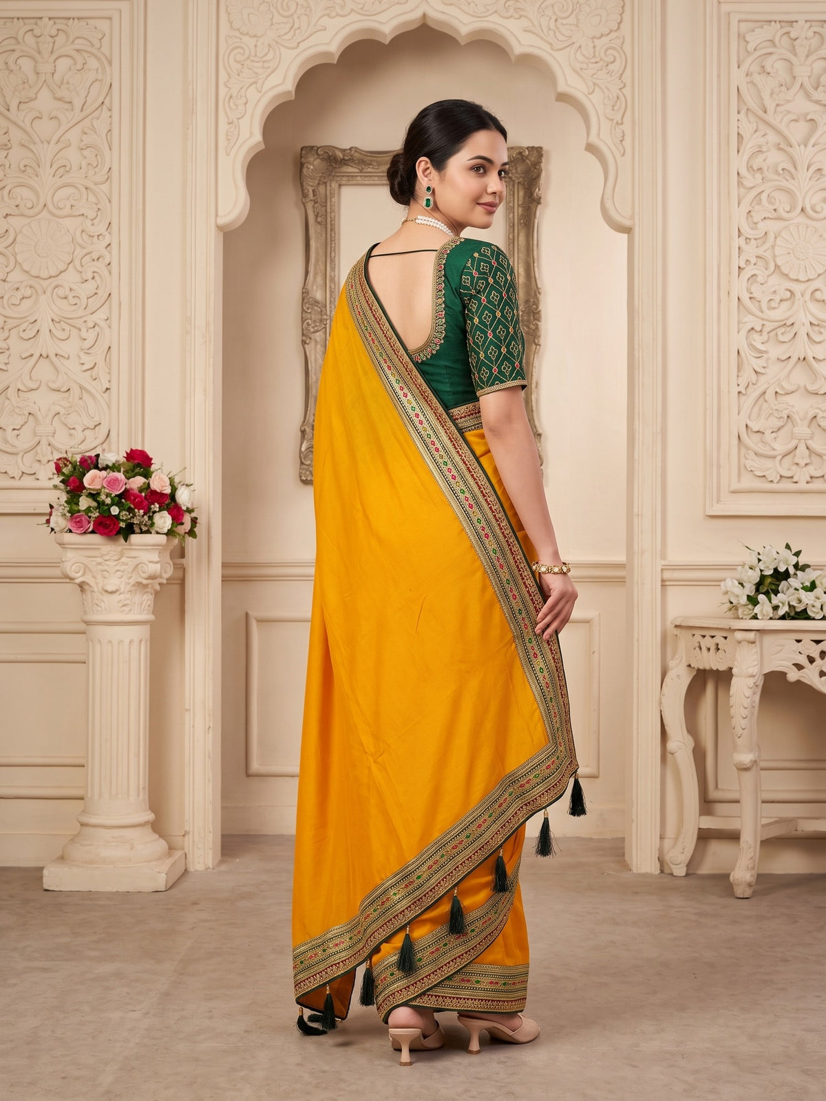 Mustard Vichitra Silk saree – detail view 1