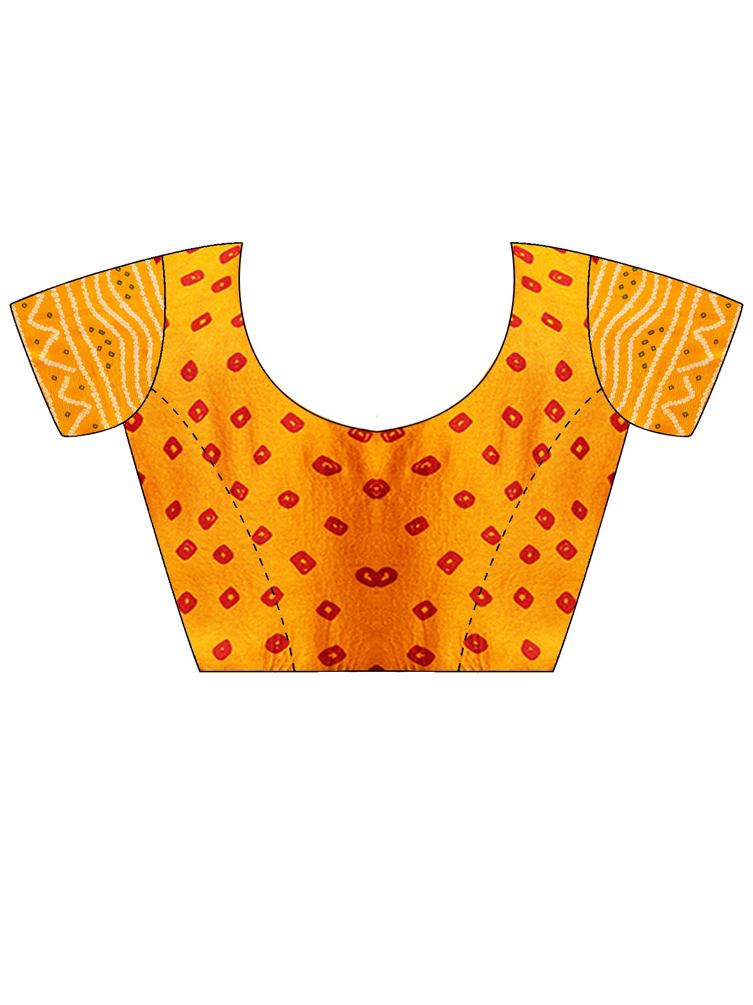 Unstitched orange satin silk blouse piece with bandhani design
